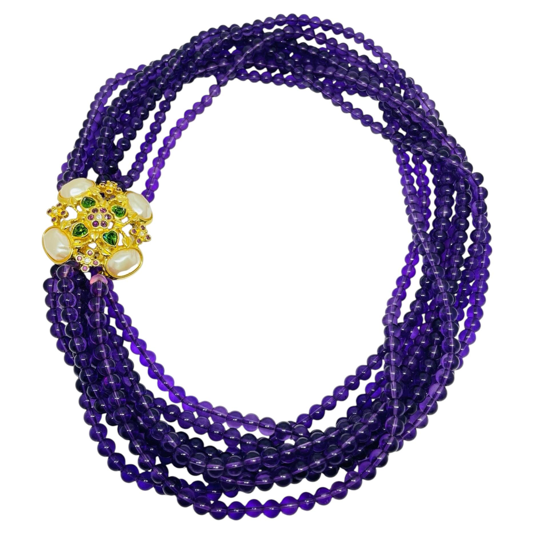 ELIZABETH TAYLOR vintage gold tone amethyst glass beads designer runway necklace (collier de défilé) en vente