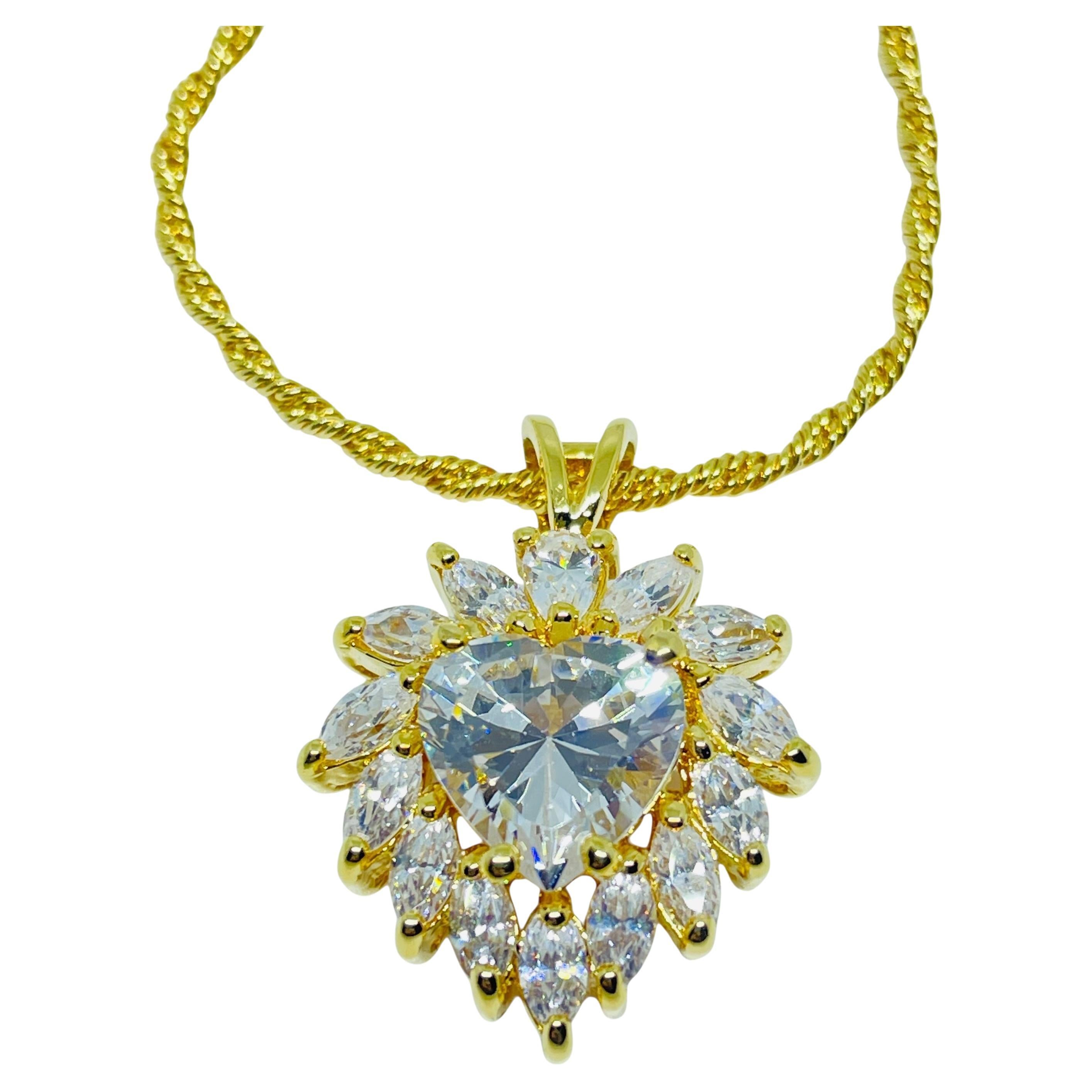 ELIZABETH TAYLOR vintage gold tone cz heart designer necklace For Sale