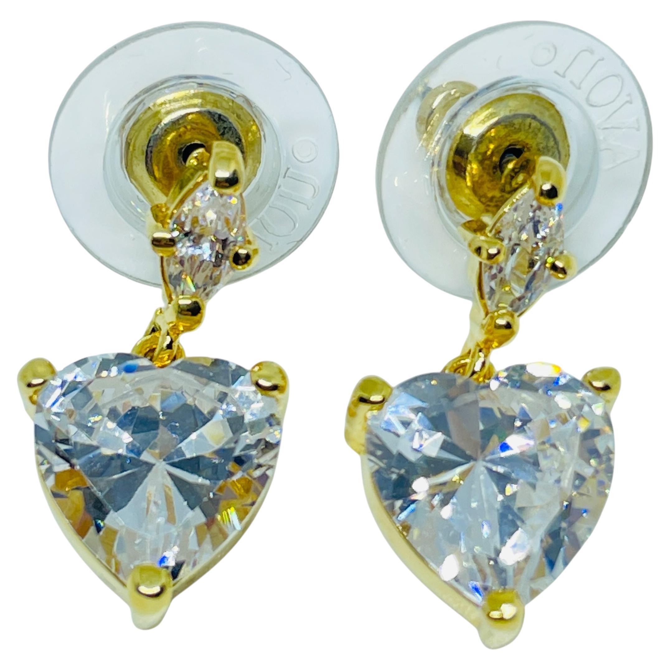 ELIZABETH TAYLOR vintage gold tone heart cz drop designer pierced earrings For Sale