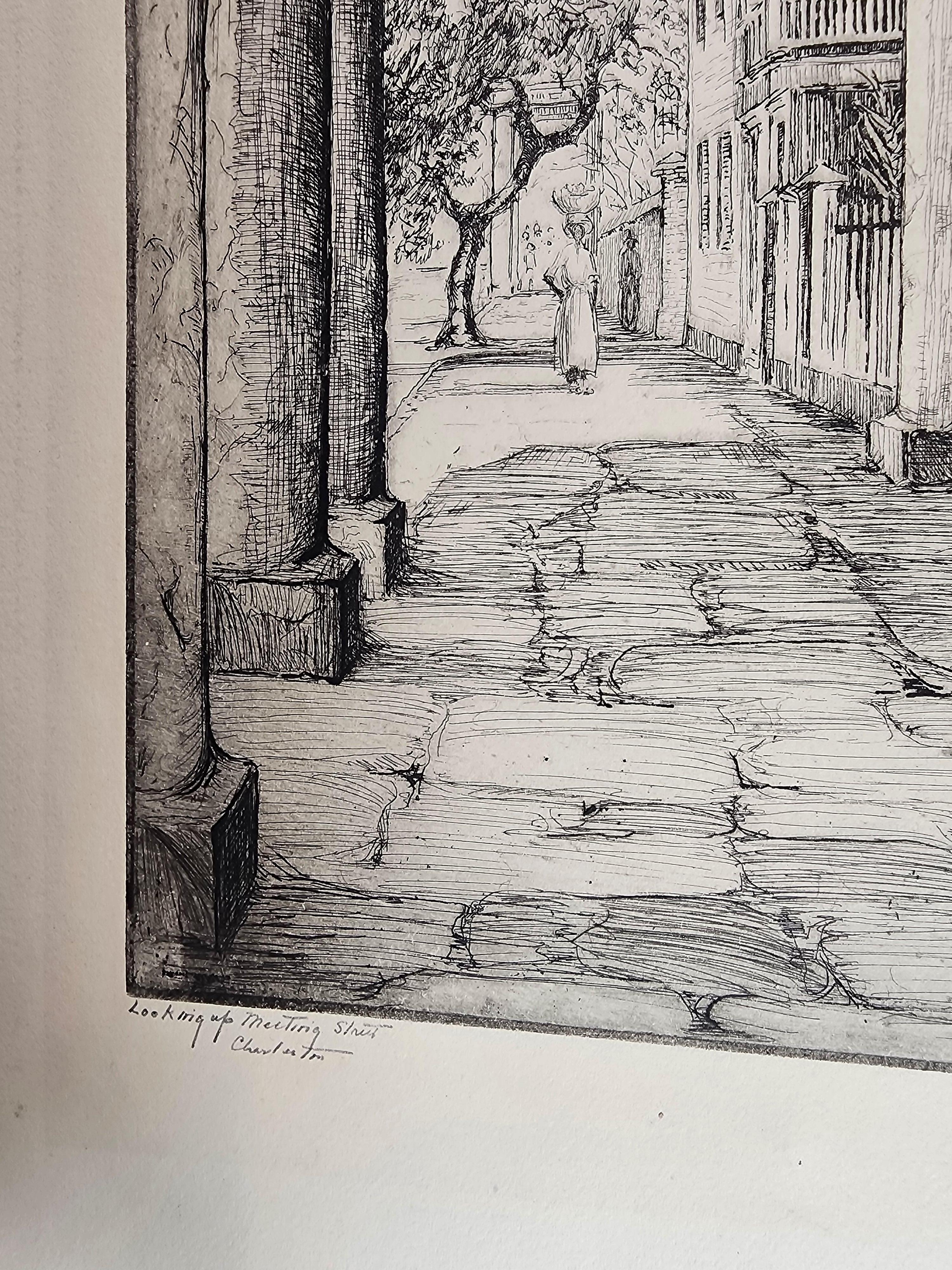 Looking Up Meeting Street - Charleston by Elizabeth o'details showing. 
A dark richly inked impression with all the fine ddetails showing.
Some light staining as shown in the photos.