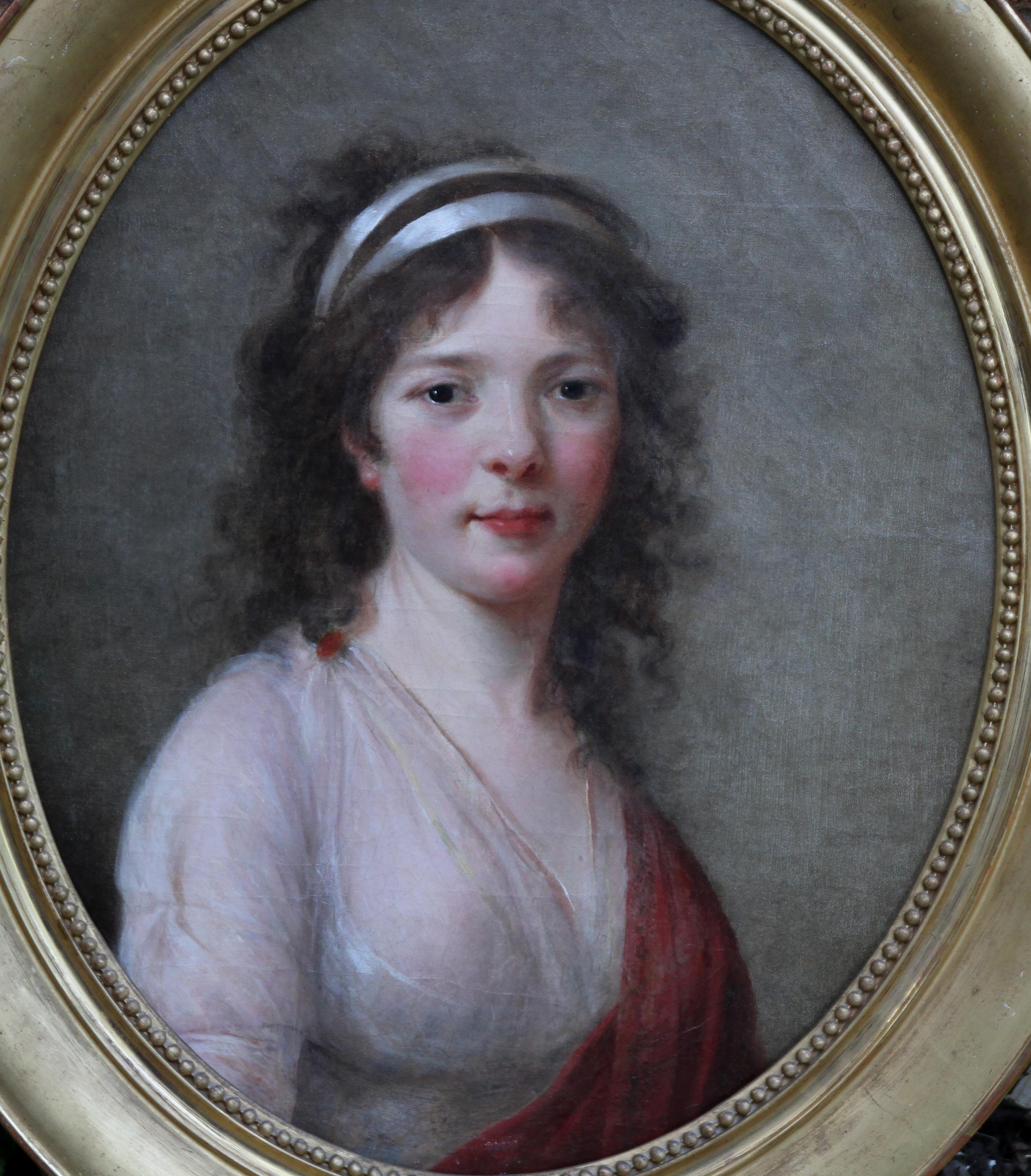 This fine French Old Master portrait oil painting on canvas dates to circa 1770 and is attributed to the circle of Elizabeth Vigee Le Brun. The sitter is Madam van Robais. 
The van Robais family is a surviving French family, of Flemish origin, and