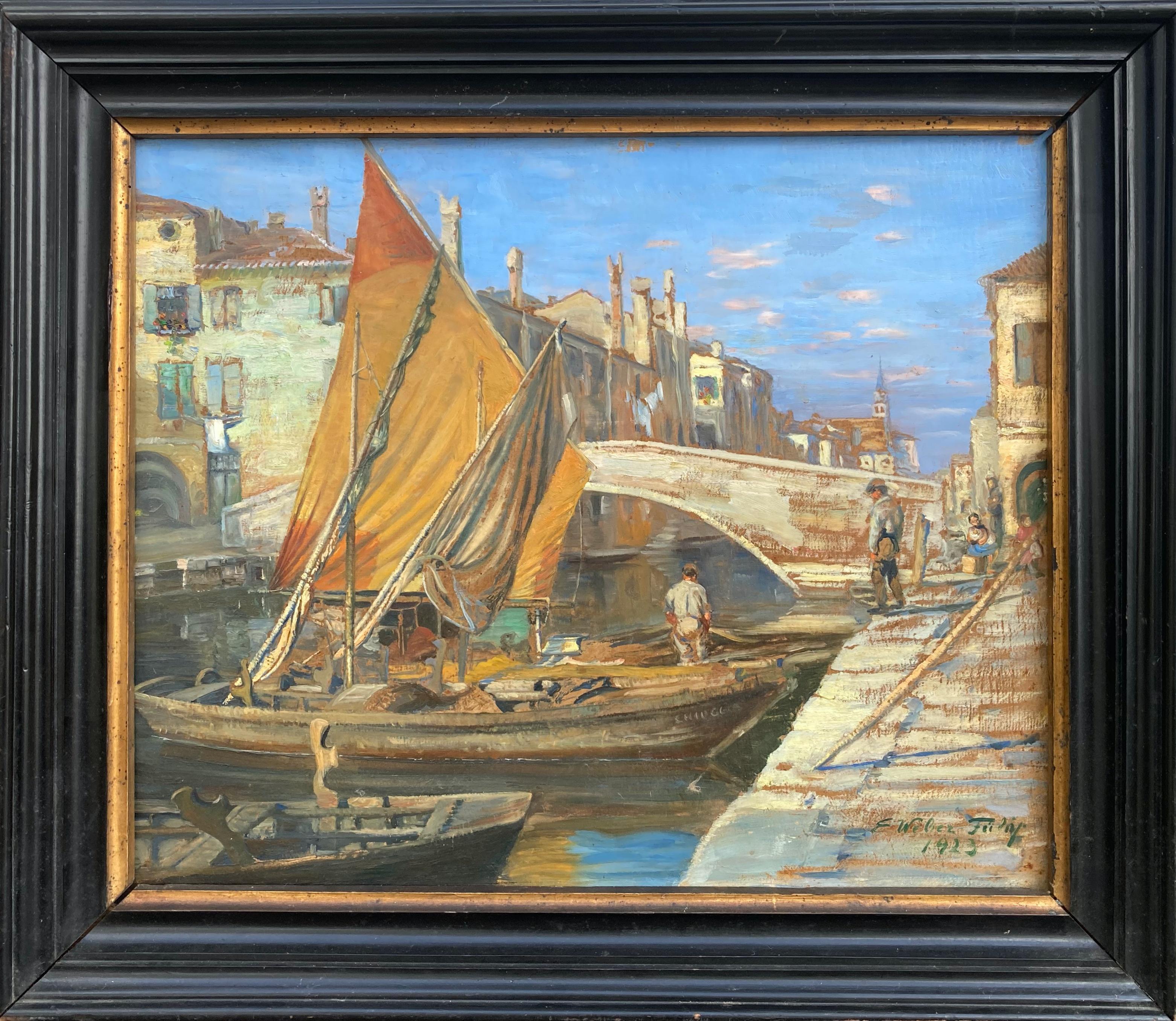 Elizabeth Weber-Fulop Landscape Painting - Scene in Venice (Framed Early 20th Century Impressionist Cityscape Painting)