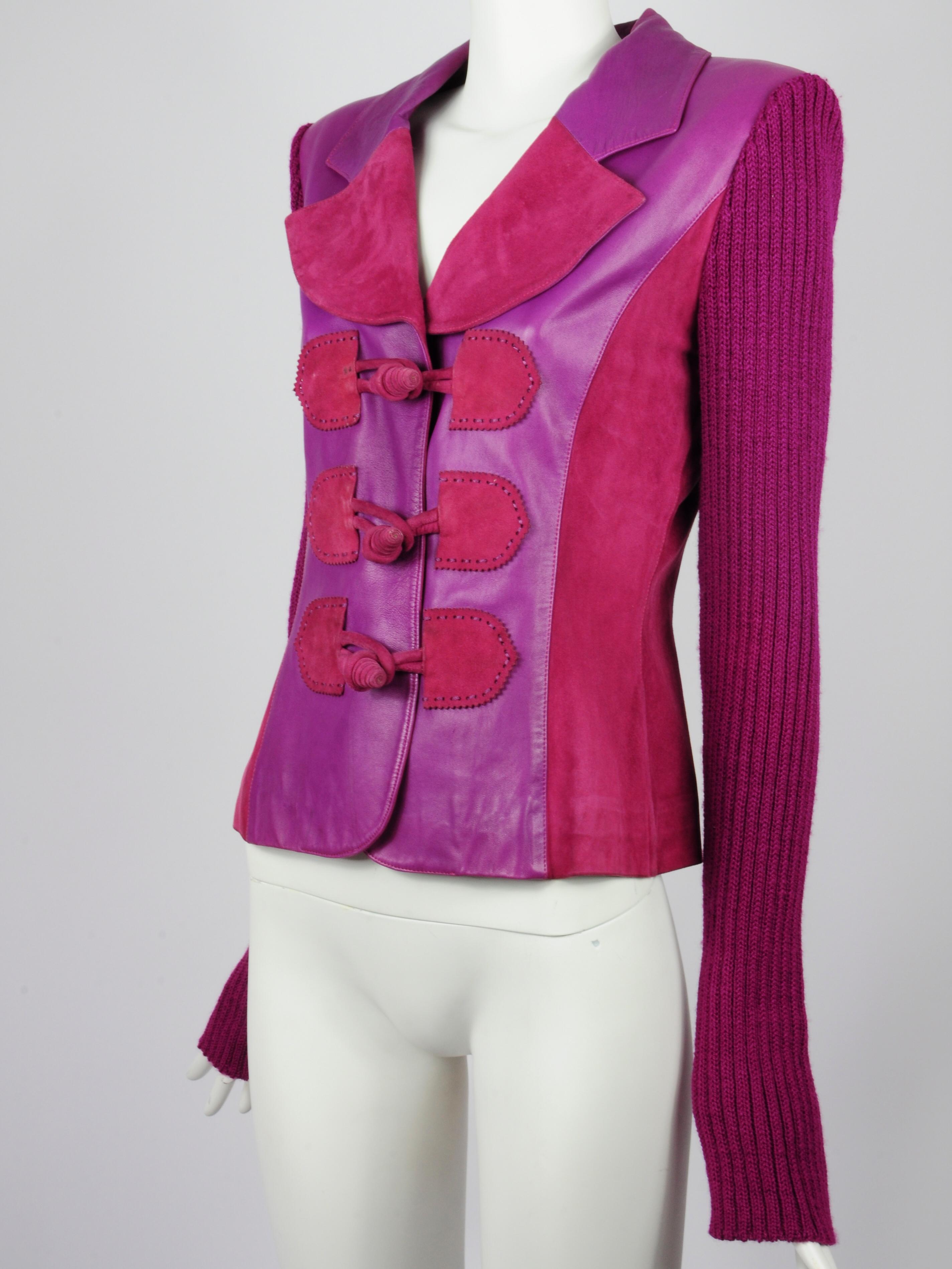 Elizabeth Wessel Monte Carlo Leather and Knitwear Purple Blazer 1980s In Good Condition For Sale In AMSTERDAM, NL