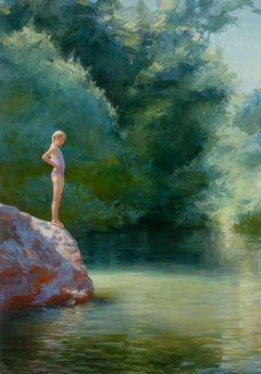 Elizabeth Zanzinger - "Il salto" Pittura a olio originale, paesaggio lacustre e figura umana "Il salto" Pittura a olio originale, paesaggio lacustre e figura umana
