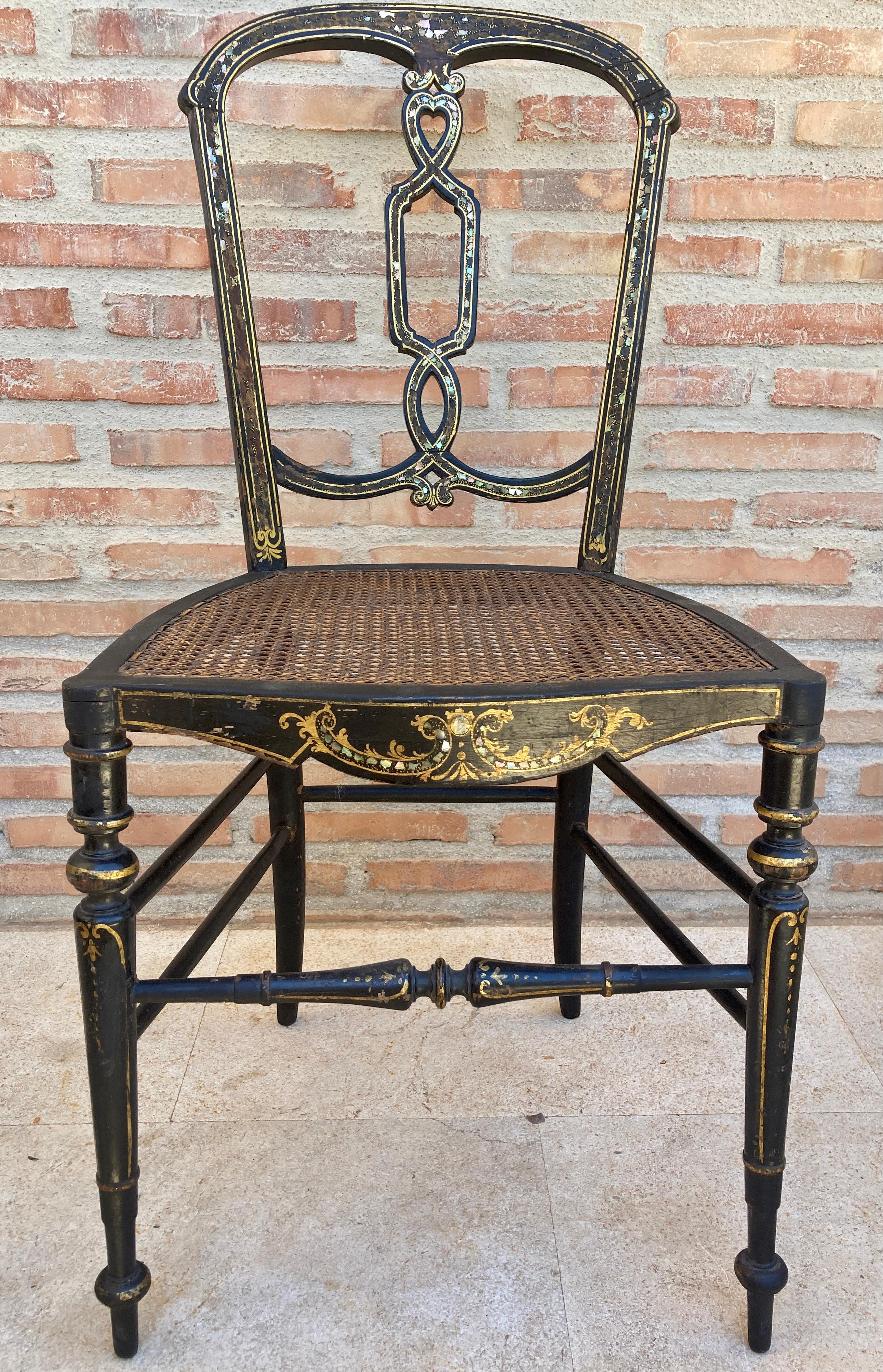 19th Century Elizabethan Chairs in Lacquered Black, 1840, Set of 2 For Sale
