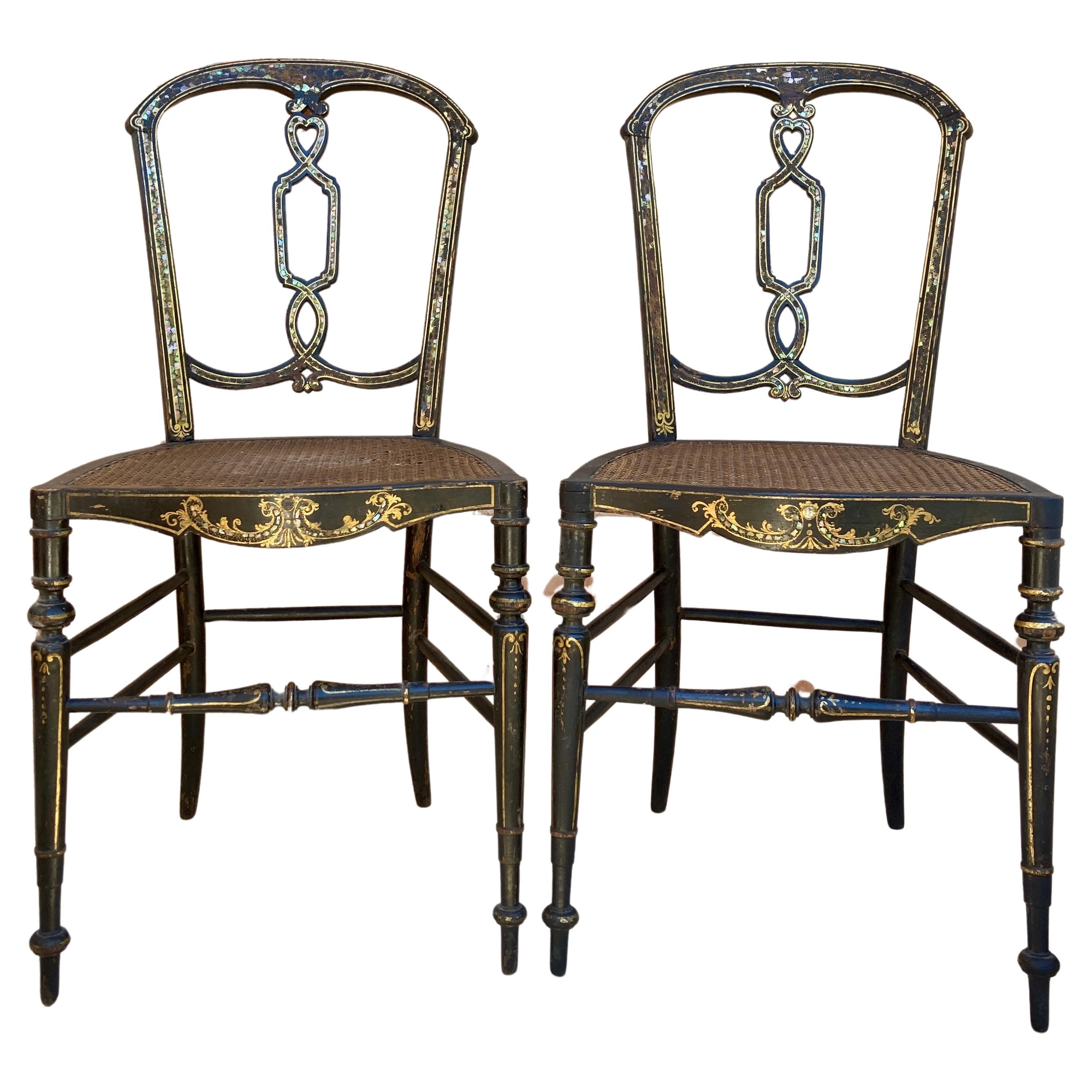 Elizabethan Chairs in Lacquered Black, 1840, Set of 2 For Sale