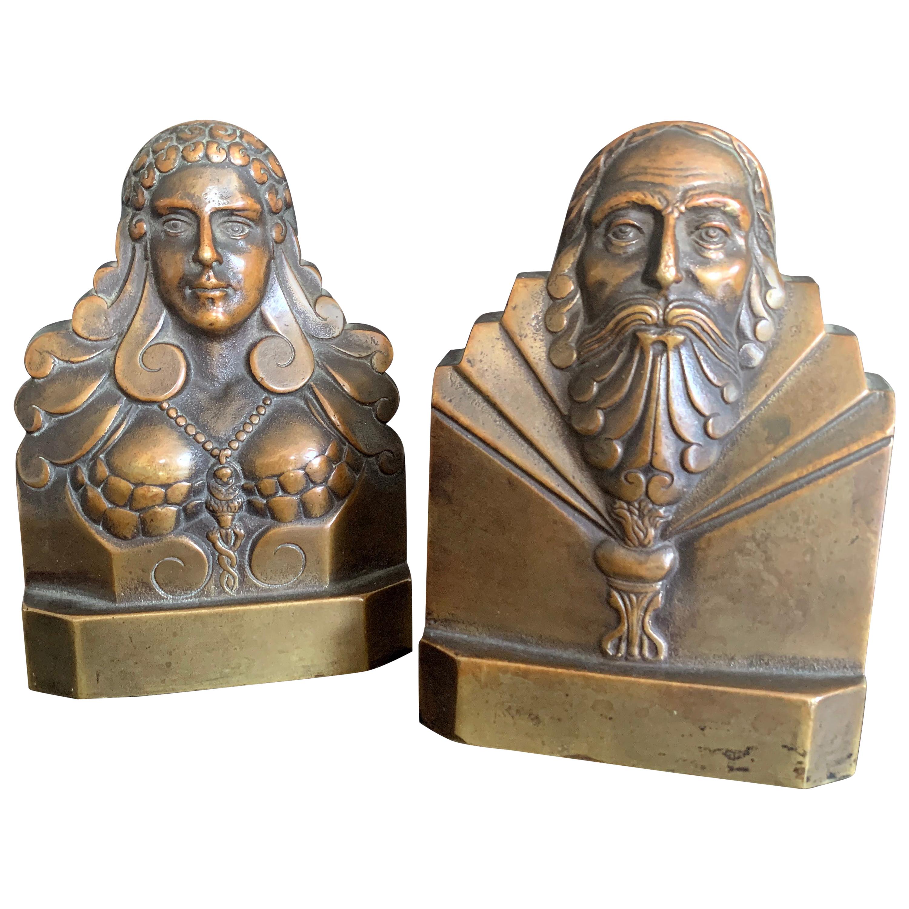 "Elizabethan Couple, " Male and Female Bronze Bookends by Jackson Co., Brooklyn