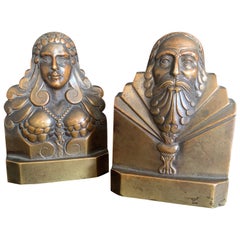 "Elizabethan Couple," Male and Female Bronze Bookends by Jackson Co., Brooklyn