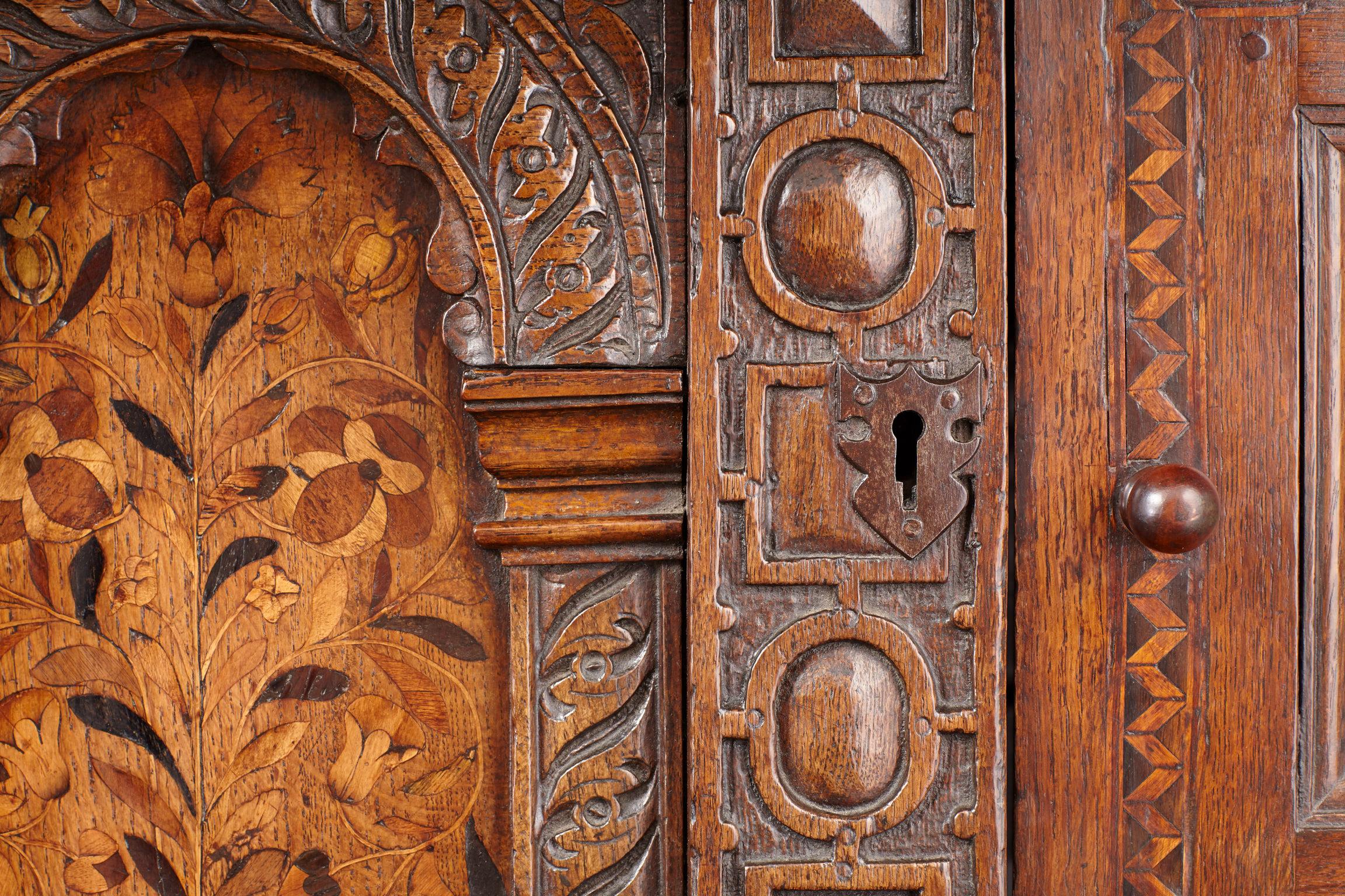 18th Century and Earlier Elizabethan Oak and Inlaid Court Cupboard, English, circa 1580-1600