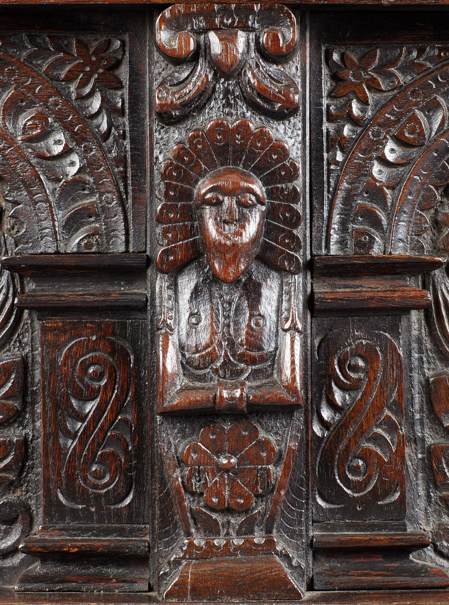 Carved Elizabethan Oak Chest, Somerset, England, circa 1600