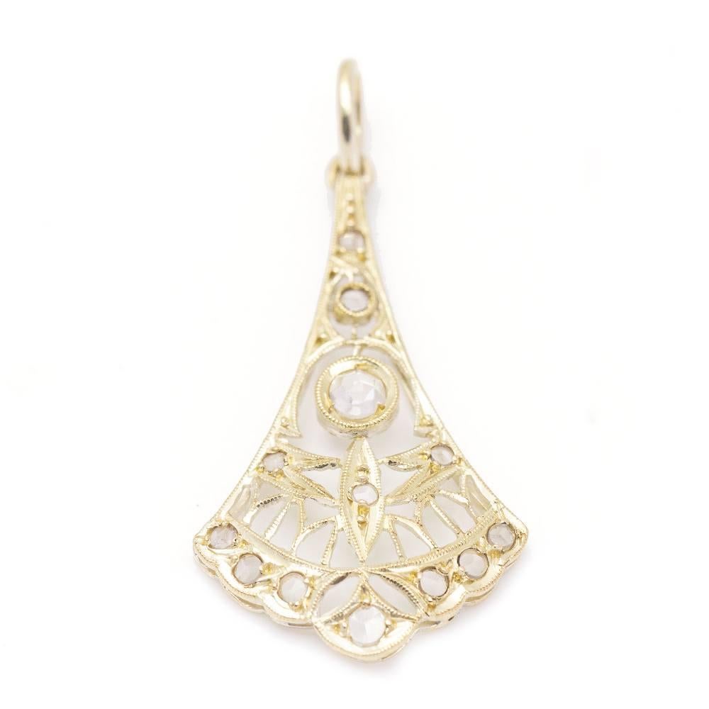 Original 1880s Elizabethan Gold Pendant : 13x Antique Cut Diamonds with a total weight of approx. 0,13 ct  18kt Yellow Gold  1,26 grams  Measures: 3,2cm (including ring) and 1,7cm max. width  Original antique second hand product. This ring is in