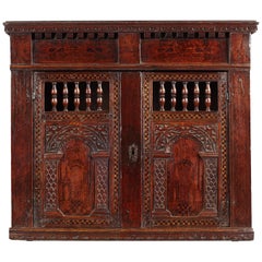 Elizabethan Pine, Oak, and Pen-Work Decorated Wall Glass Cupboard, circa 1580