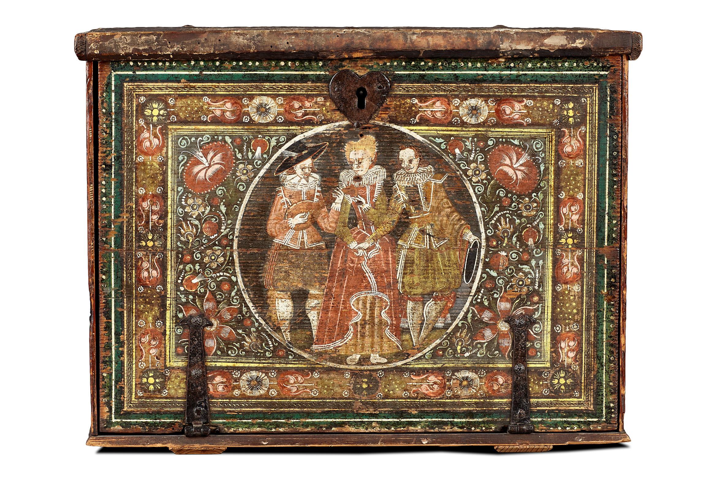 Elizabethan polychrome marriage cabinet, German, circa 1580-1600

The pine and polychrome table or marriage cabinet, decorated in 'Wismuth Maleri' - literally meaning 'Wismuth' or 'Bismuth' white polychrome paint laid on a delicate fabric ground