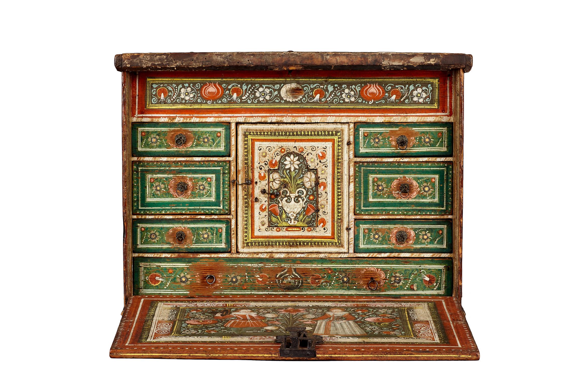 Polychromed Elizabethan Polychrome Painted Marriage Cabinet, German, circa 1580-1600