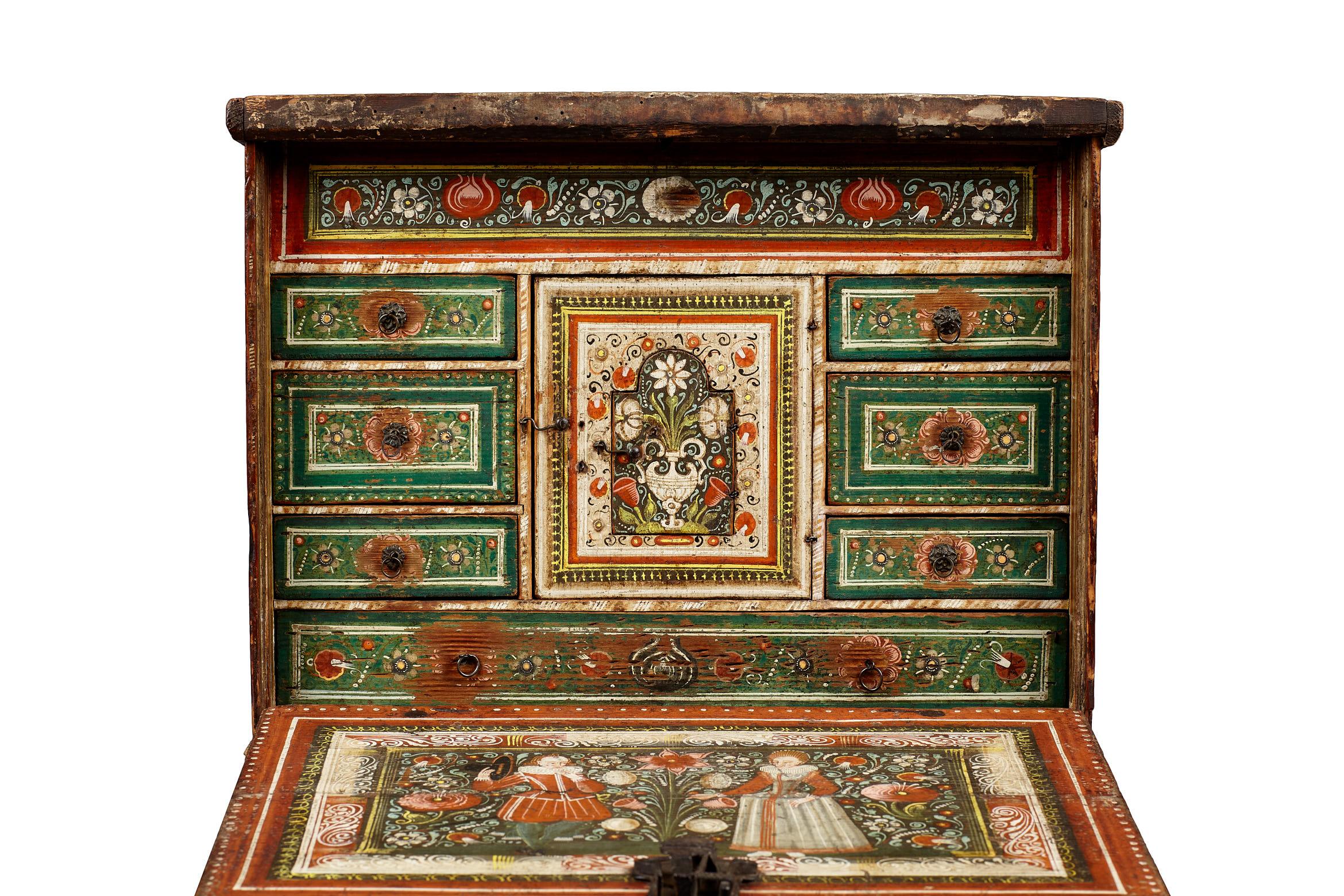 18th Century and Earlier Elizabethan Polychrome Painted Marriage Cabinet, German, circa 1580-1600