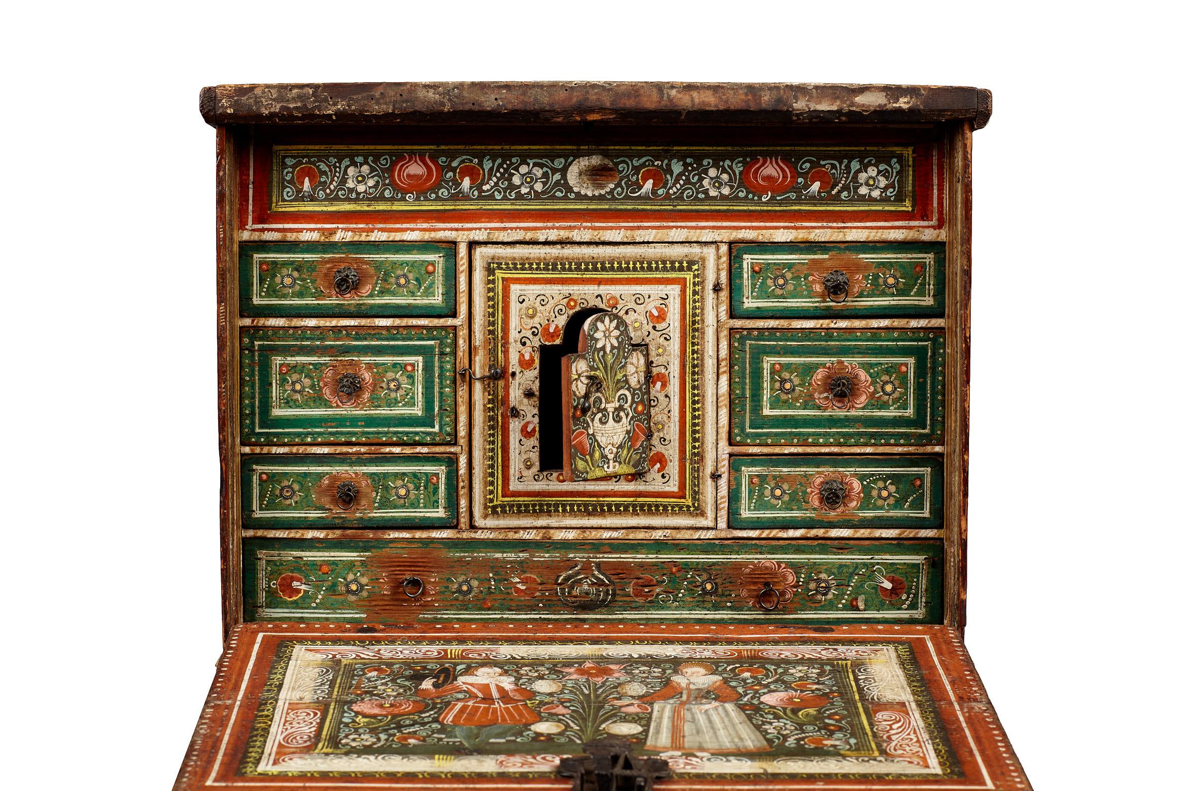 Pine Elizabethan Polychrome Painted Marriage Cabinet, German, circa 1580-1600