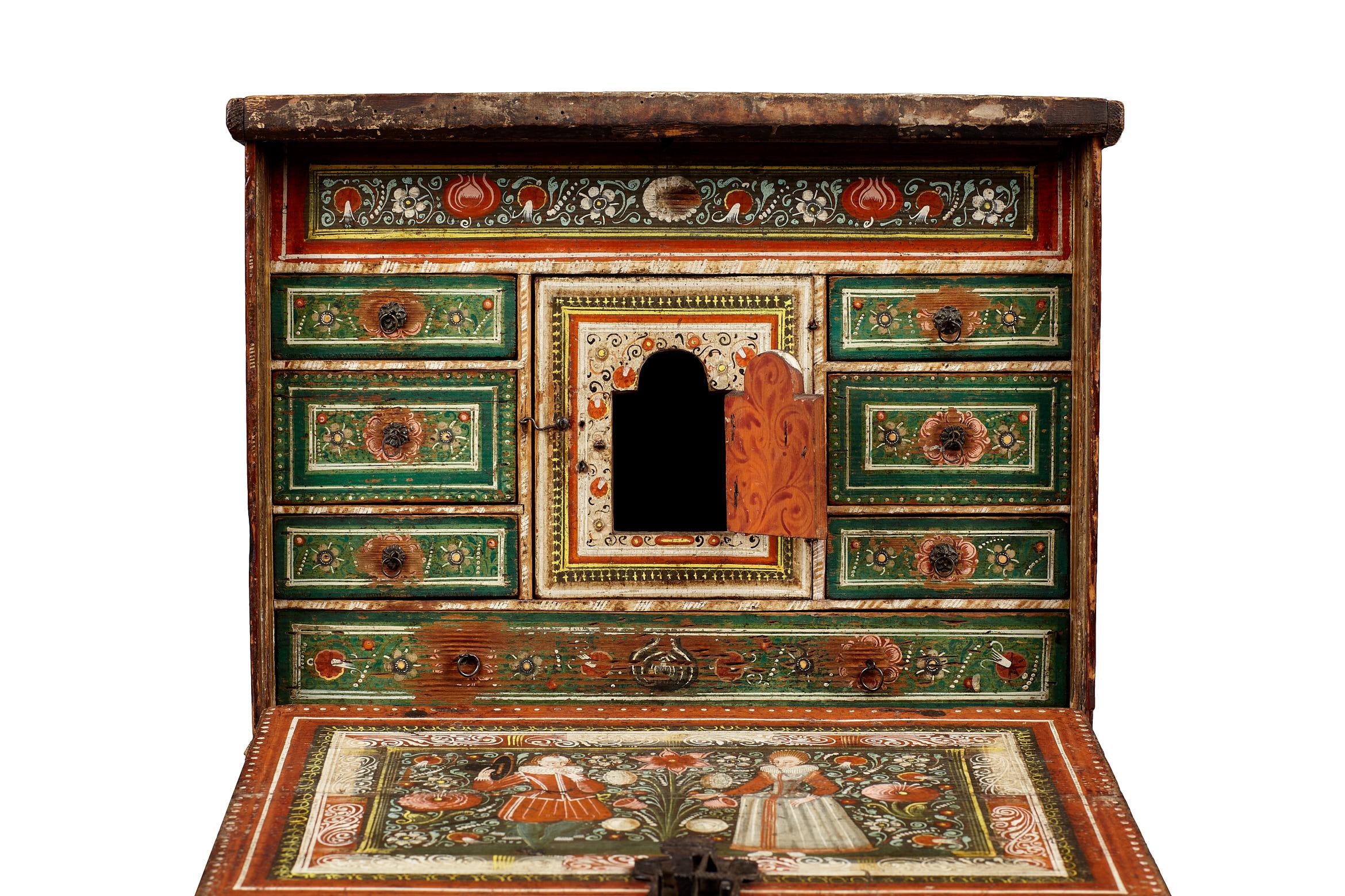 Elizabethan Polychrome Painted Marriage Cabinet, German, circa 1580-1600 1