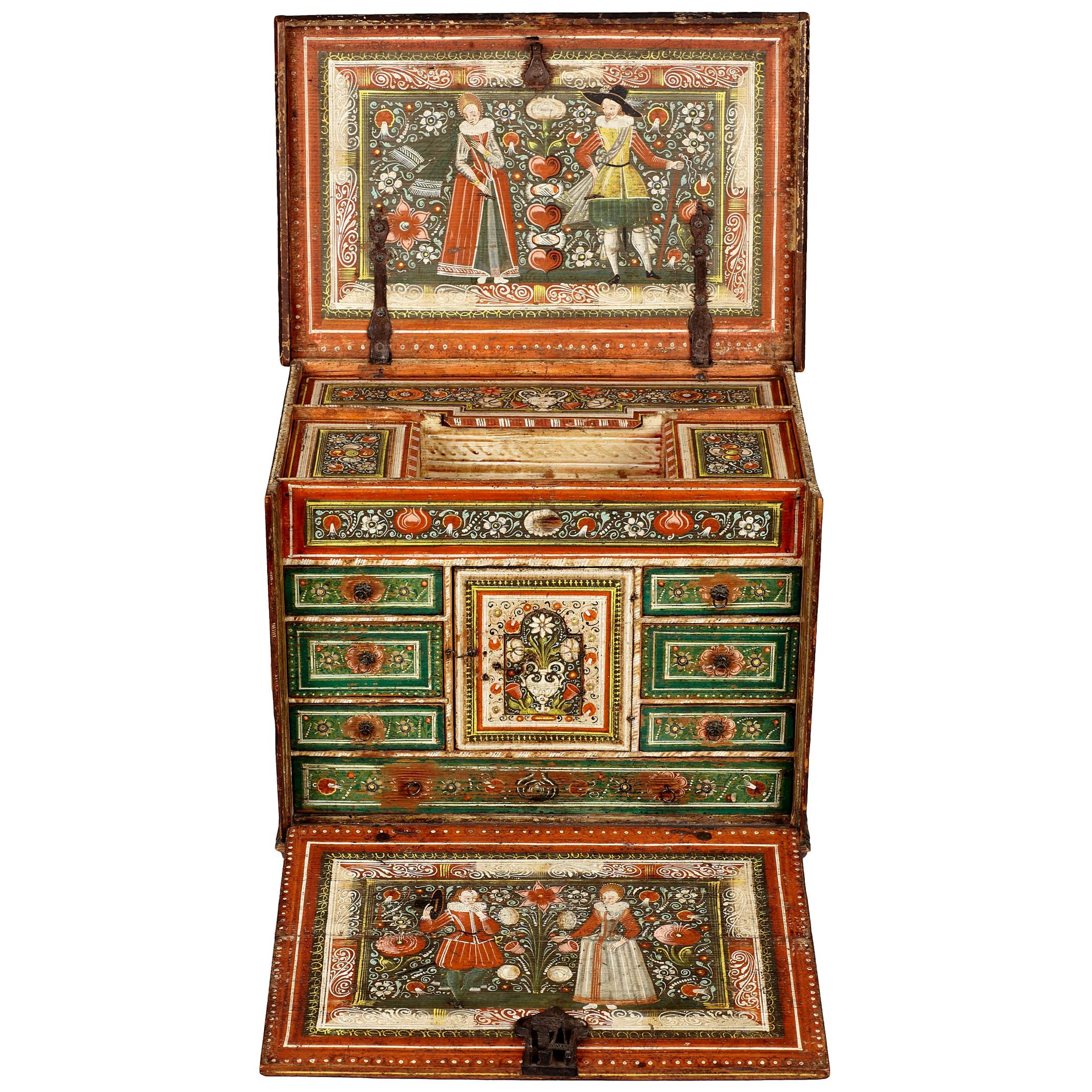 Elizabethan Polychrome Painted Marriage Cabinet, German, circa 1580-1600