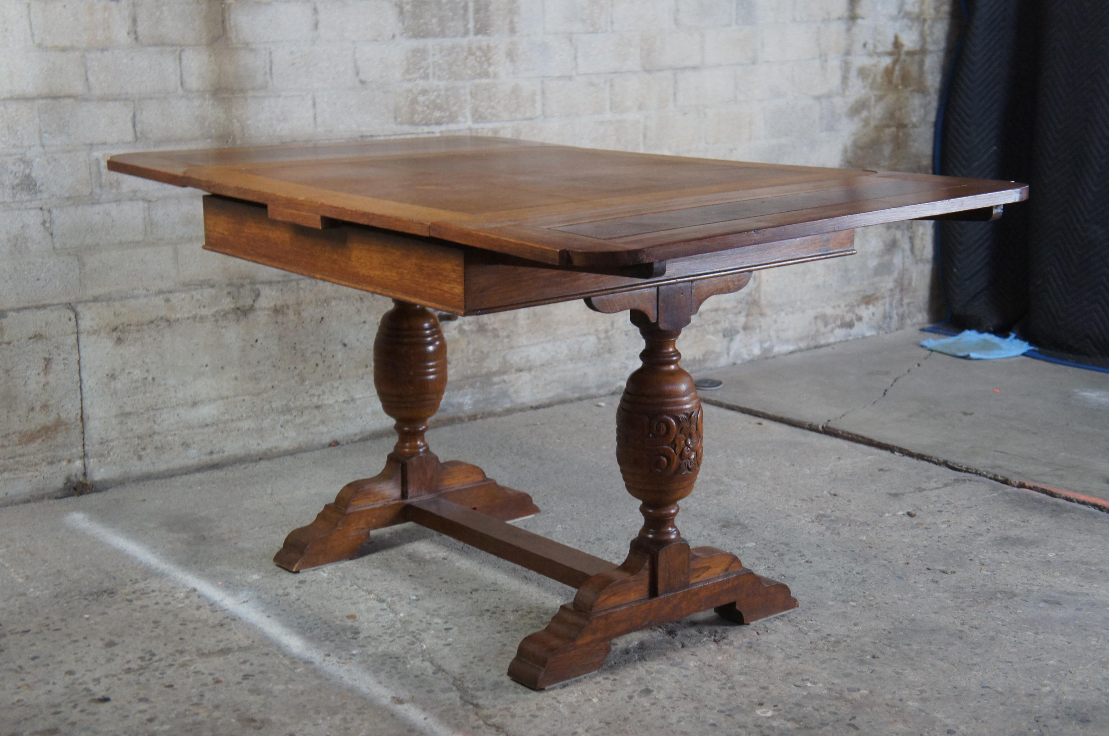 Elizabethan Style English Oak Draw Leaf Refectory Dining Table Library Desk 1