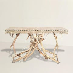 Table console en bois de wapiti avec plateau en cuir