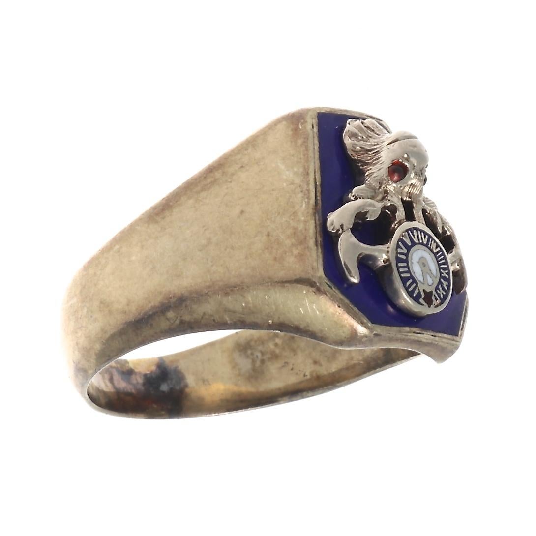 Symbolism is always a key component when it comes to signet rings. Elk is the symbol of pride, strength and stamina, decoracted here in enamel and rubies. Crafted in 10k gold. Ring size 6-1/4 and can easily be resized to fit, if needed this would