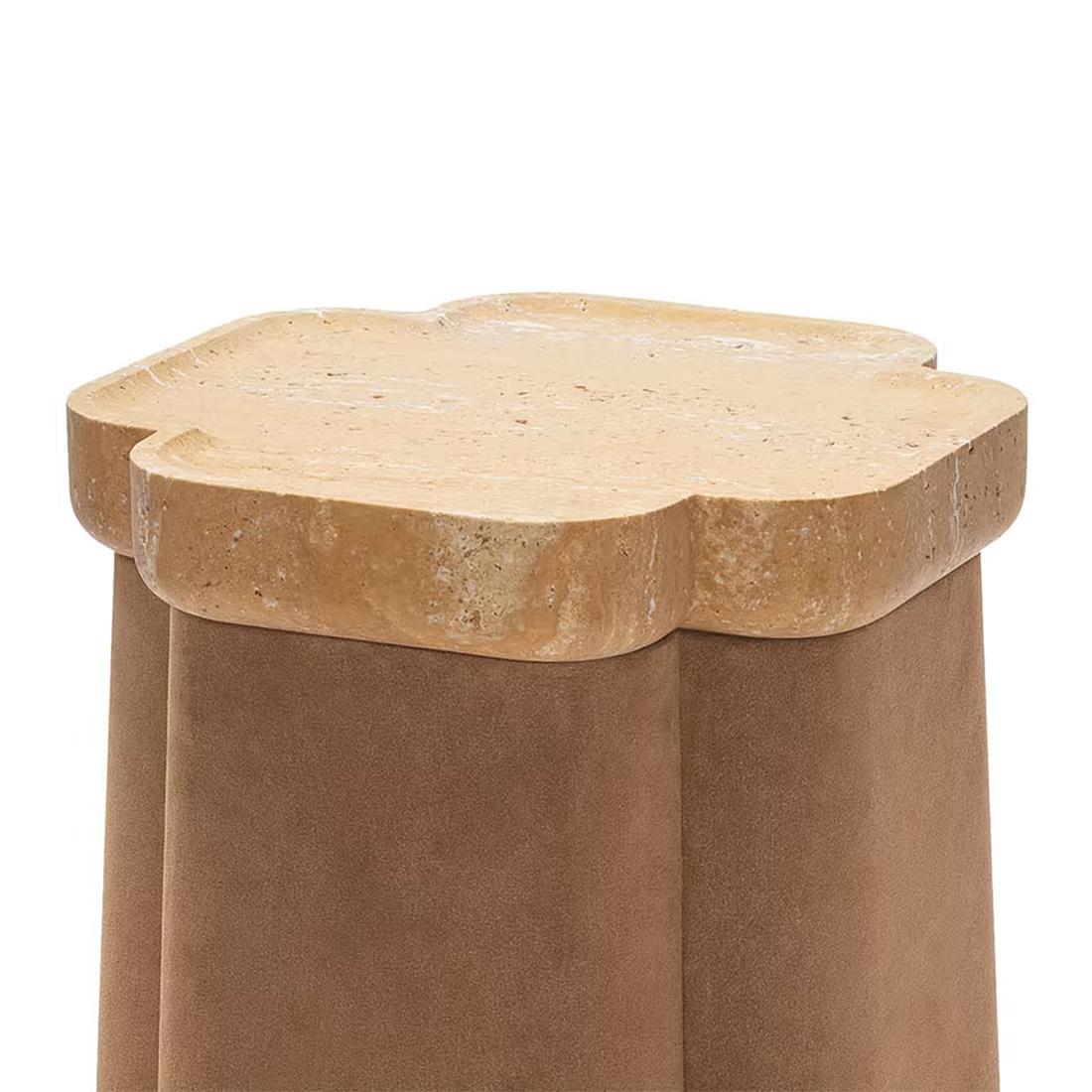 Side Table Elka with wooden structure covered with brown
genuine suede leather. With carved polished travertine top.
Also available with other leather or suede leather colors, 
on request.