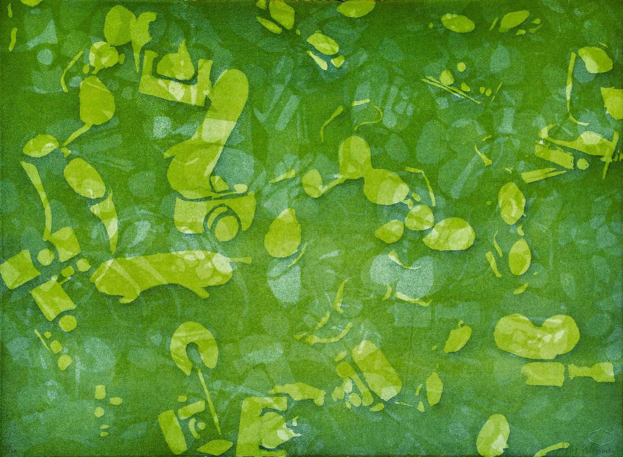 "Untitled One, Green", abstract aquatint print, spring green, deep green. - Print by Elke Solomon
