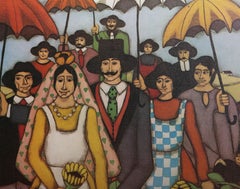 Umbrella Wedding, Folk Art Offset Lithograph by Elke Sommer
