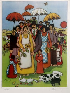 Umbrella Wedding, Folk Art Offset Lithograph by Elke Sommer