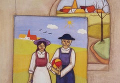 Young Couple, Folk Art Lithograph by Elke Sommer