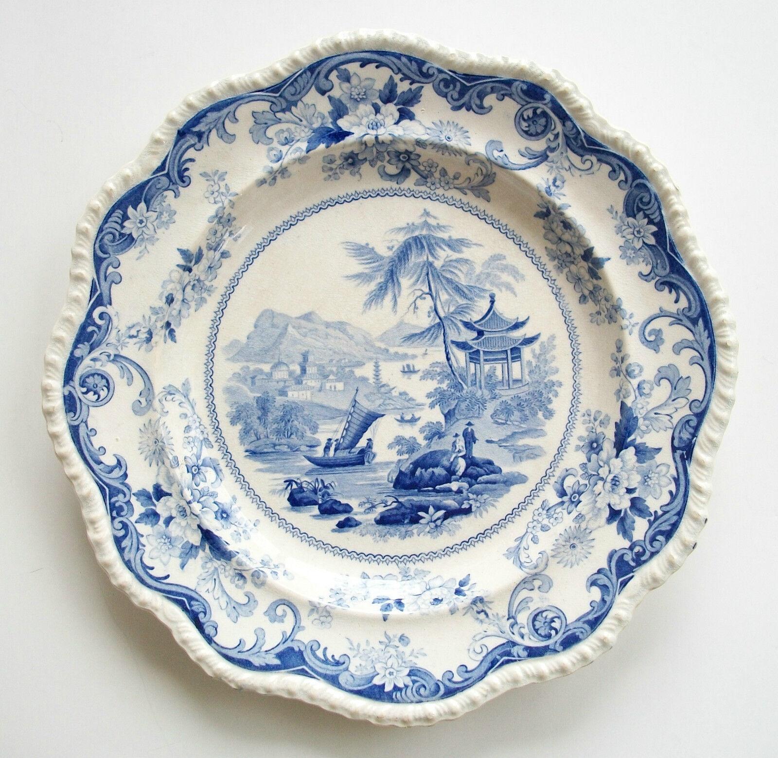 Début de l'époque victorienne ELKIN KNIGHT & BRIDGWOOD - Vues de Canton - Assiette de table ancienne au Royaume-Uni, vers 1830 en vente