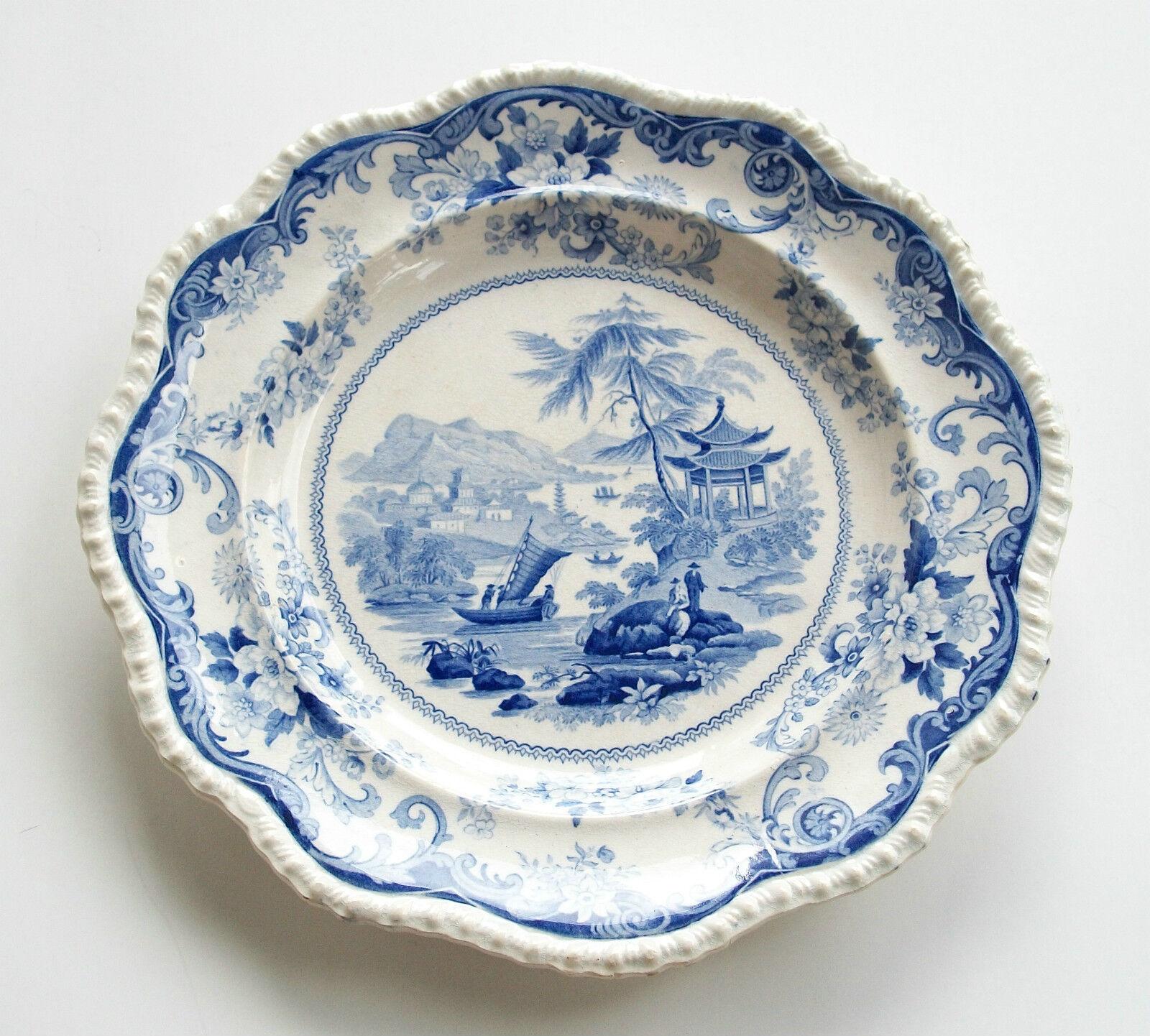 English ELKIN KNIGHT & BRIDGWOOD - Canton Views - Antique Dinner Plate - U.K. - C. 1830 For Sale