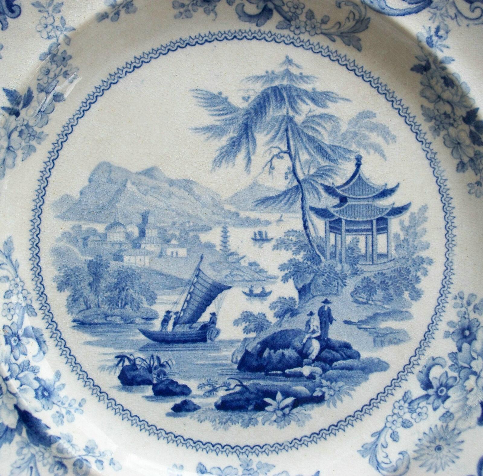 Ceramic ELKIN KNIGHT & BRIDGWOOD - Canton Views - Antique Dinner Plate - U.K. - C. 1830 For Sale