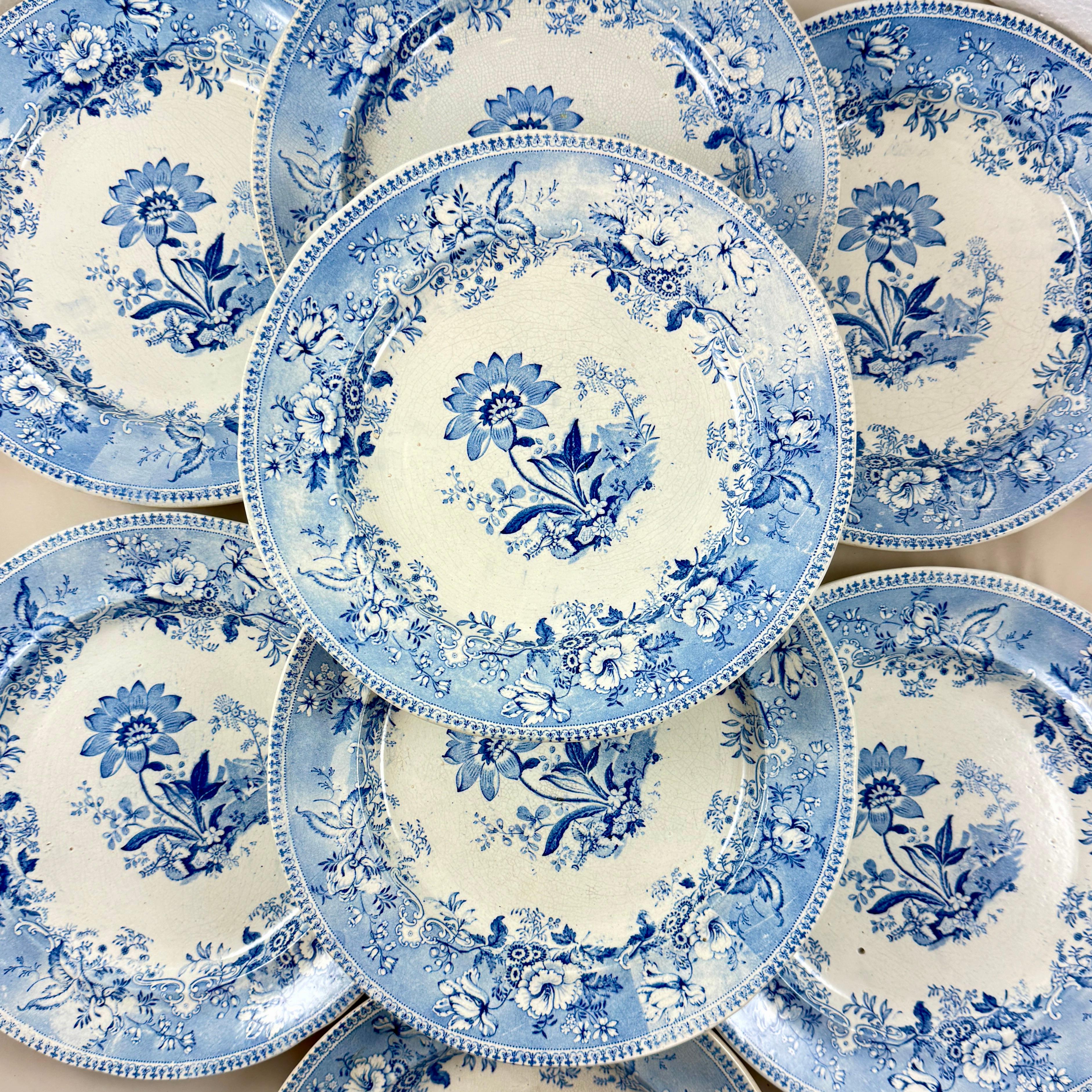 Ensemble de huit assiettes florales en faïence anglaise imprimée par transfert bleu et blanc, Elkin & Newbon, Longton, Staffordshire, vers 1844.

Samuel Elkin et Thomas et William Newbon étaient associés dans la fabrication de faïences à Stafford