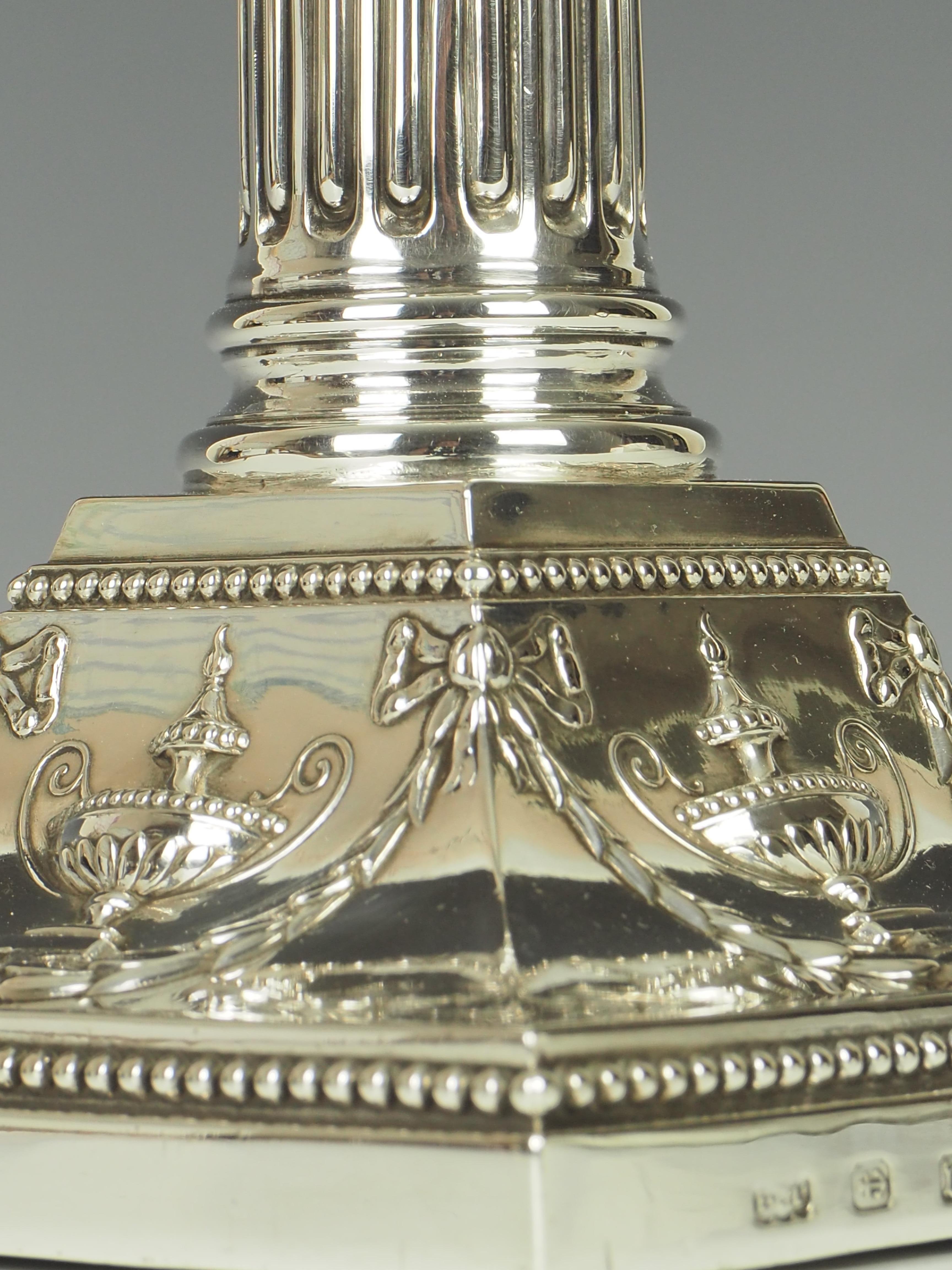 Elkington & Co 1901 Birmingham Sterling Silver Stamped Corinthium Column Candles 9