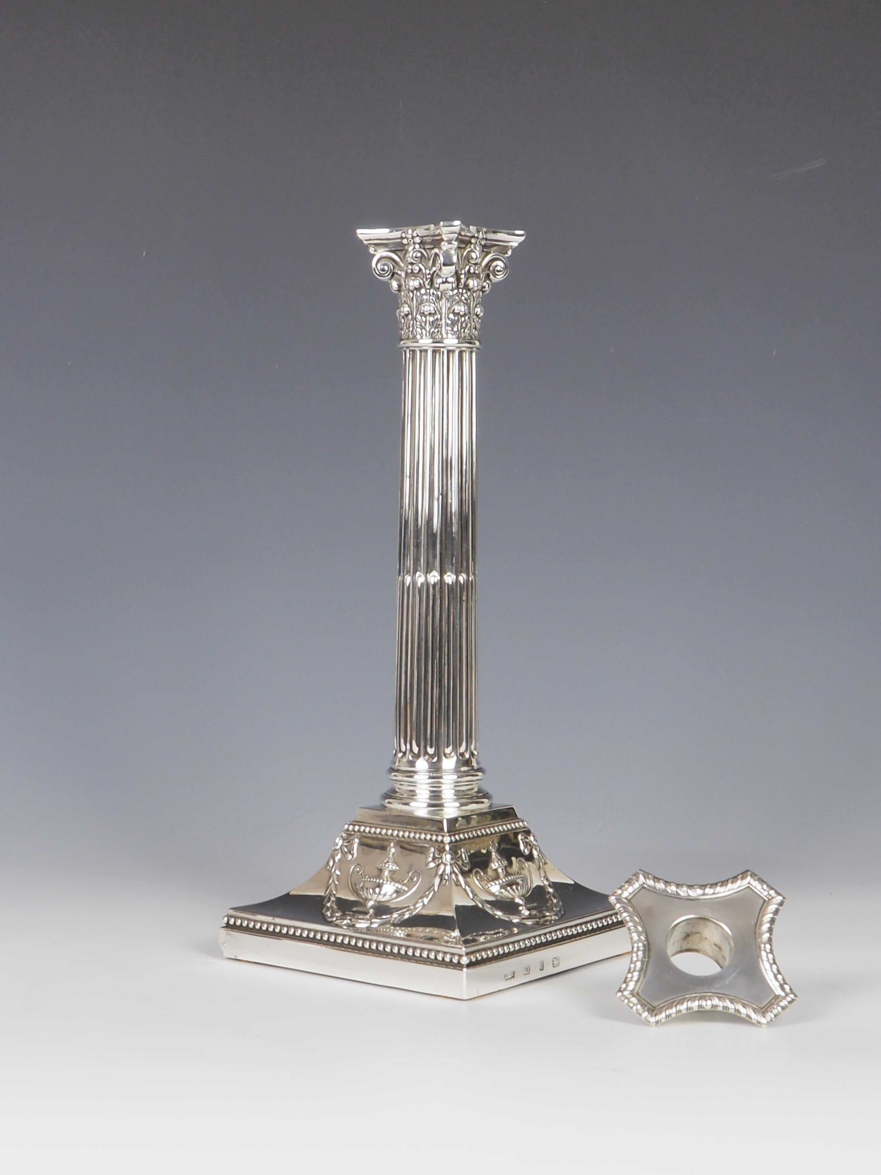20th Century Elkington & Co 1901 Birmingham Sterling Silver Stamped Corinthium Column Candles
