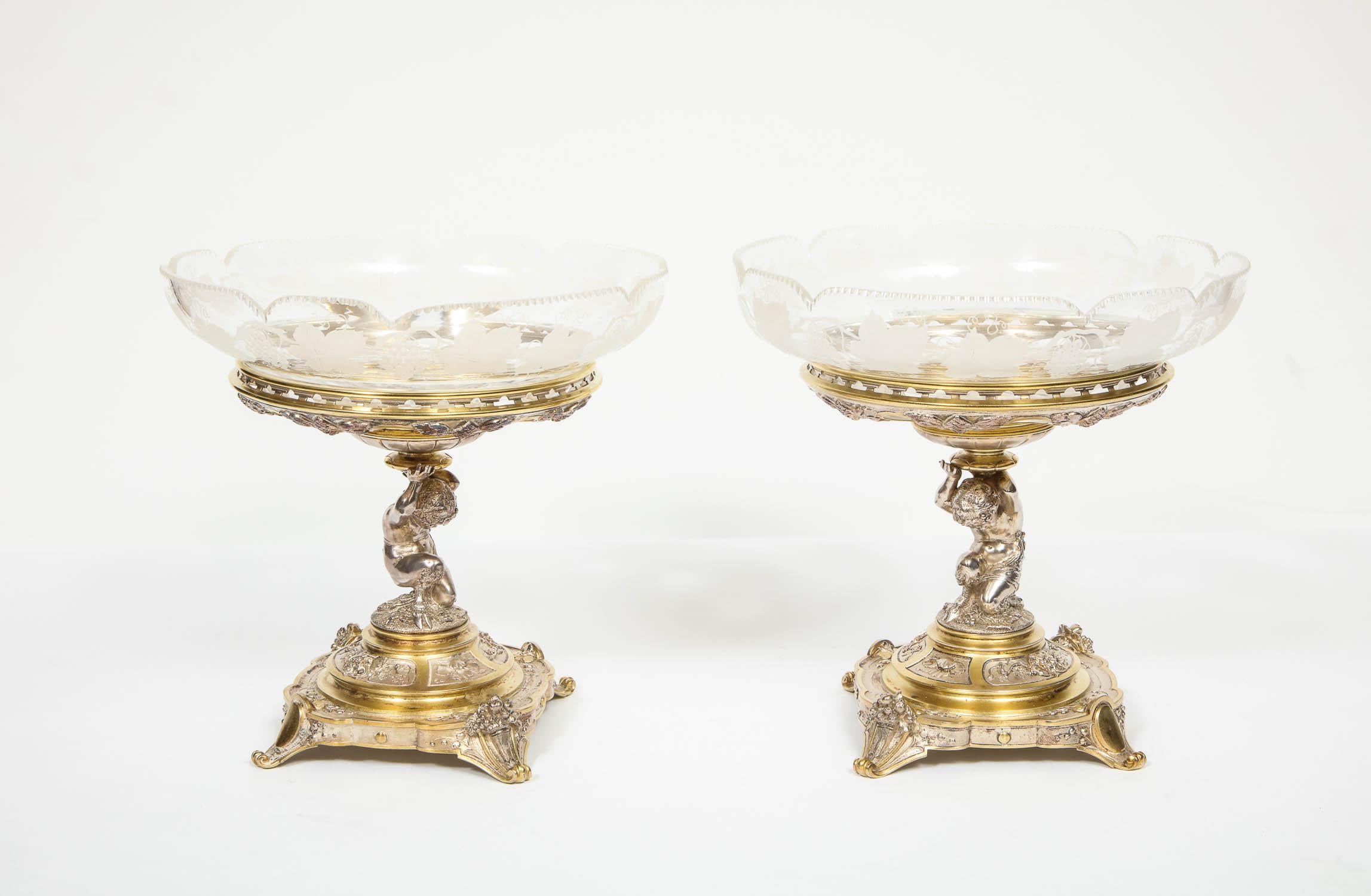 British Elkington & Co., a Pair of Gilt and Silvered Bronze Tazza Centerpieces