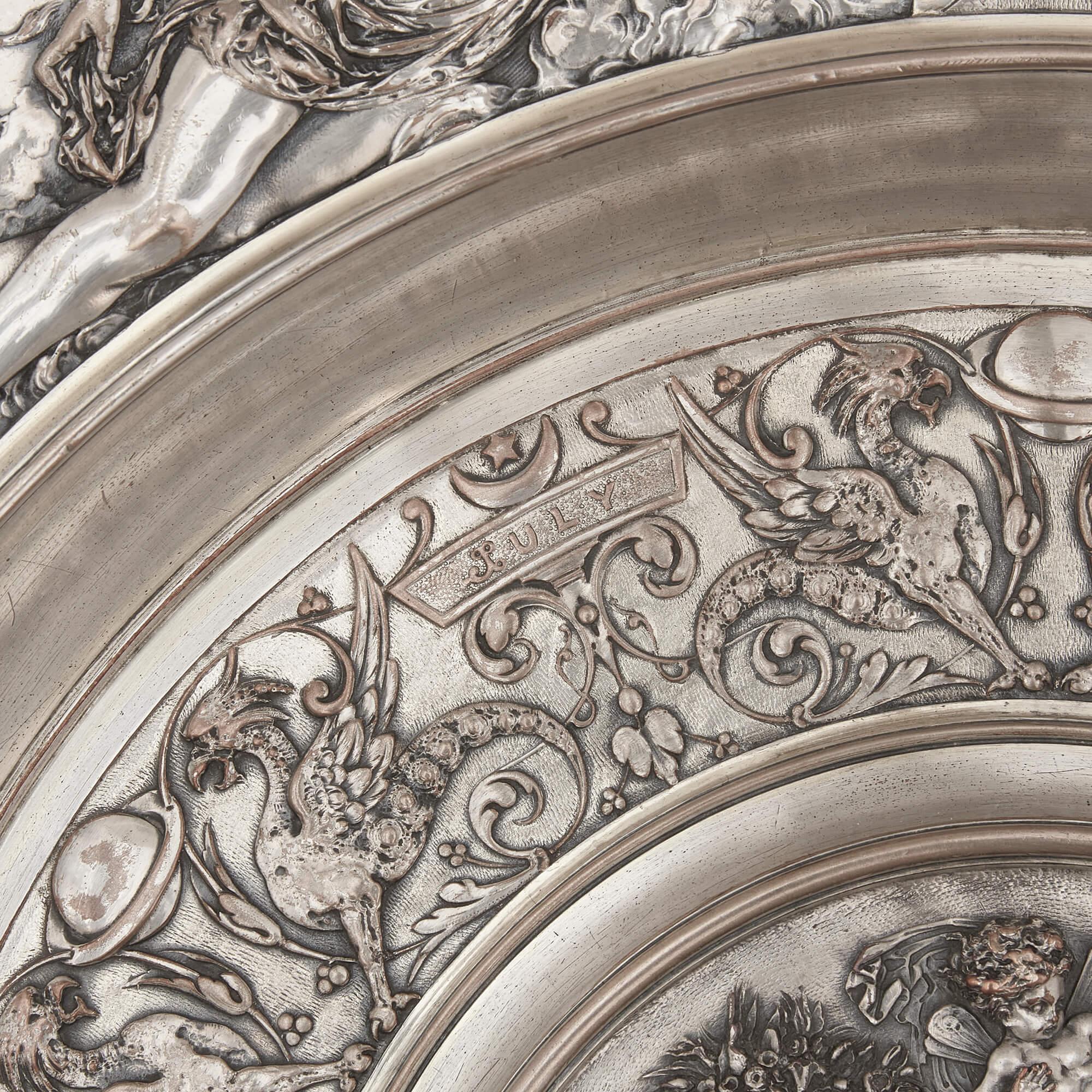 Renaissance Revival Elkington & Co. Pair of Silver-Plated Chargers of the Seasons For Sale