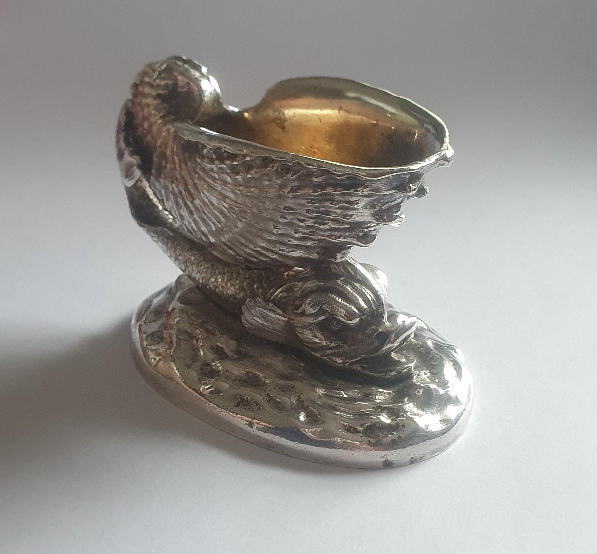 Rococo Revival Elkington & Co Silver Plated Dolphin & Shell Salt Cellar with Silver Gilt lining For Sale
