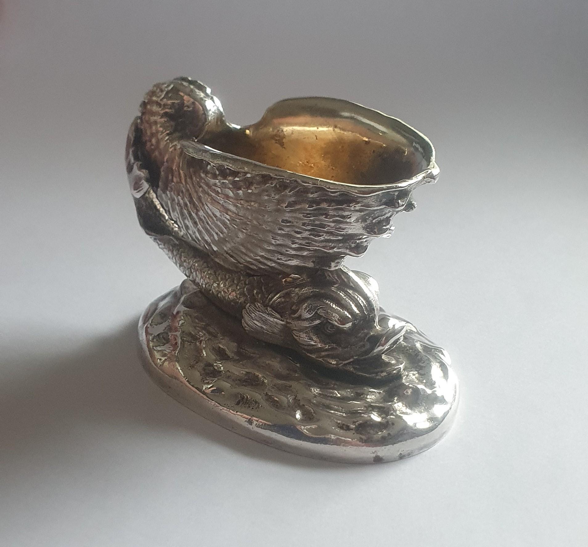 British Elkington & Co Silver Plated Dolphin & Shell Salt Cellar with Silver Gilt lining For Sale