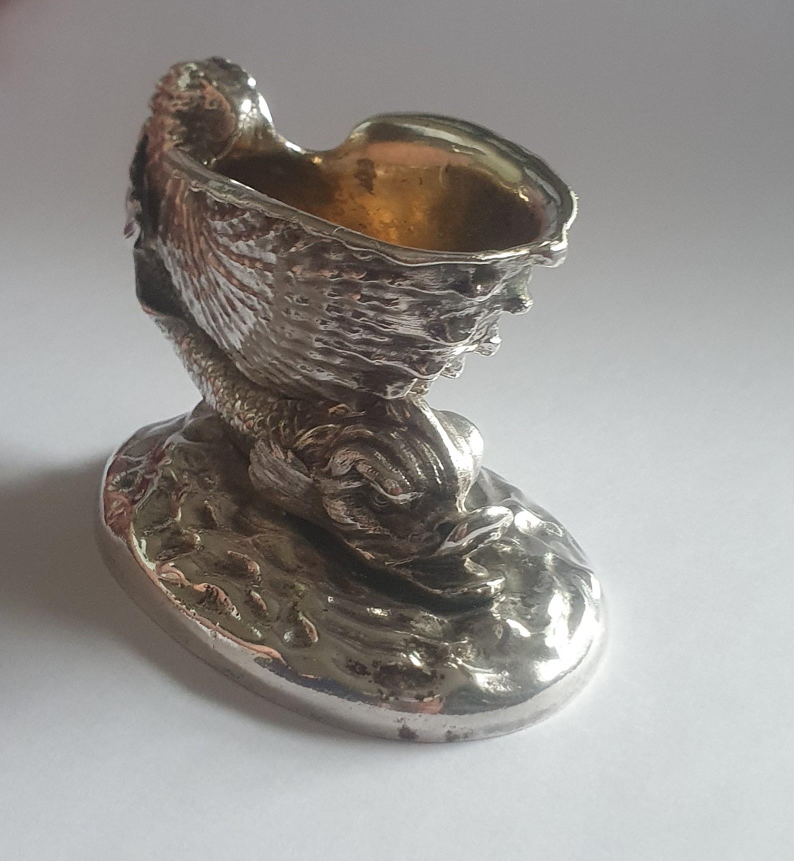 Carved Elkington & Co Silver Plated Dolphin & Shell Salt Cellar with Silver Gilt lining For Sale