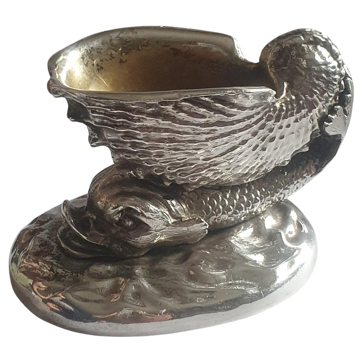 Elkington & Co Silver Plated Dolphin & Shell Salt Cellar with Silver Gilt lining For Sale