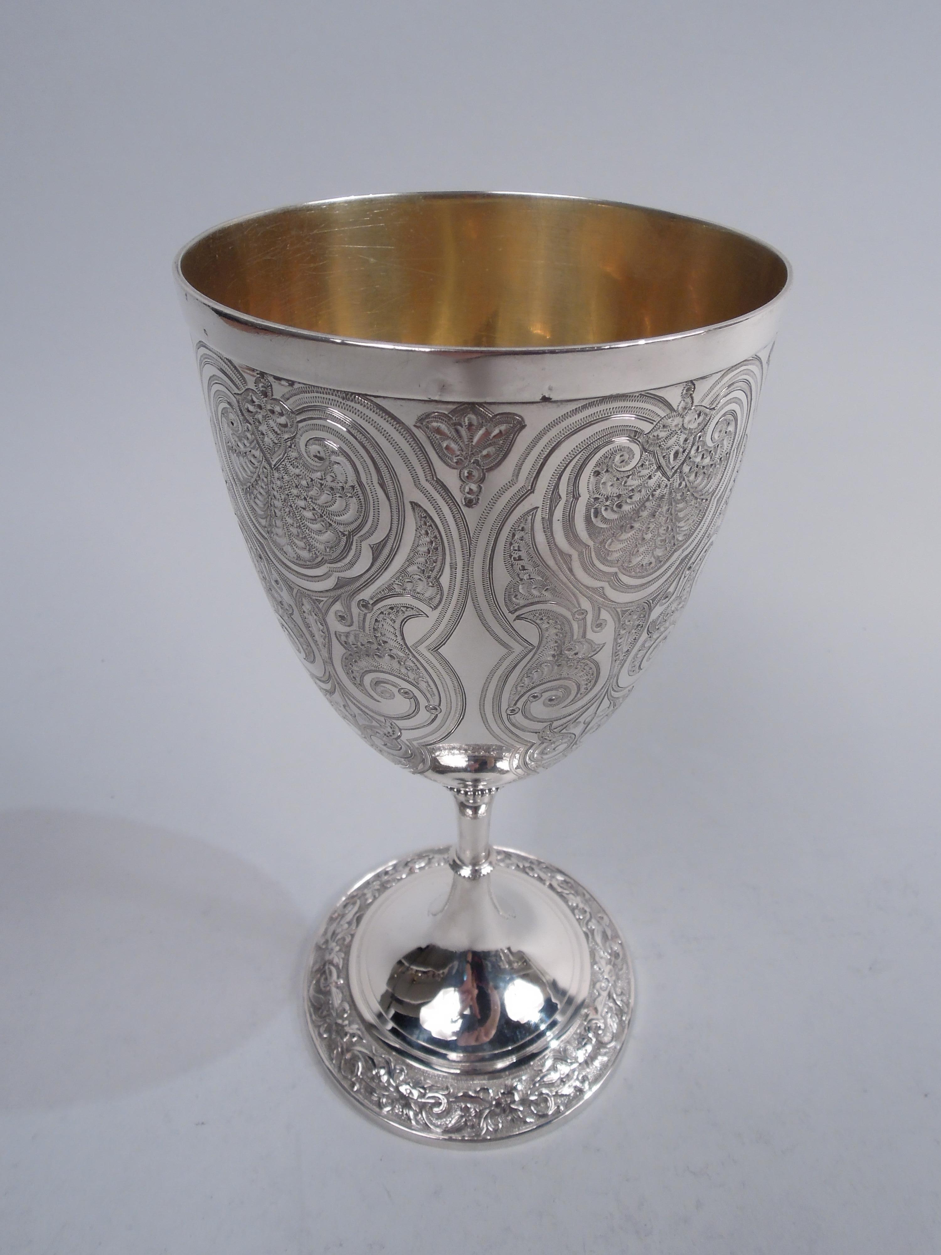 Victorian Classical sterling silver goblet. Made by Elkington & Co. Ltd in Birmingham in 1859. Ovoid bowl on knopped cylindrical stem flowing into raised foot. Bowl has engraved vertical scrolled frames inset with leafing scrolls surmounted by