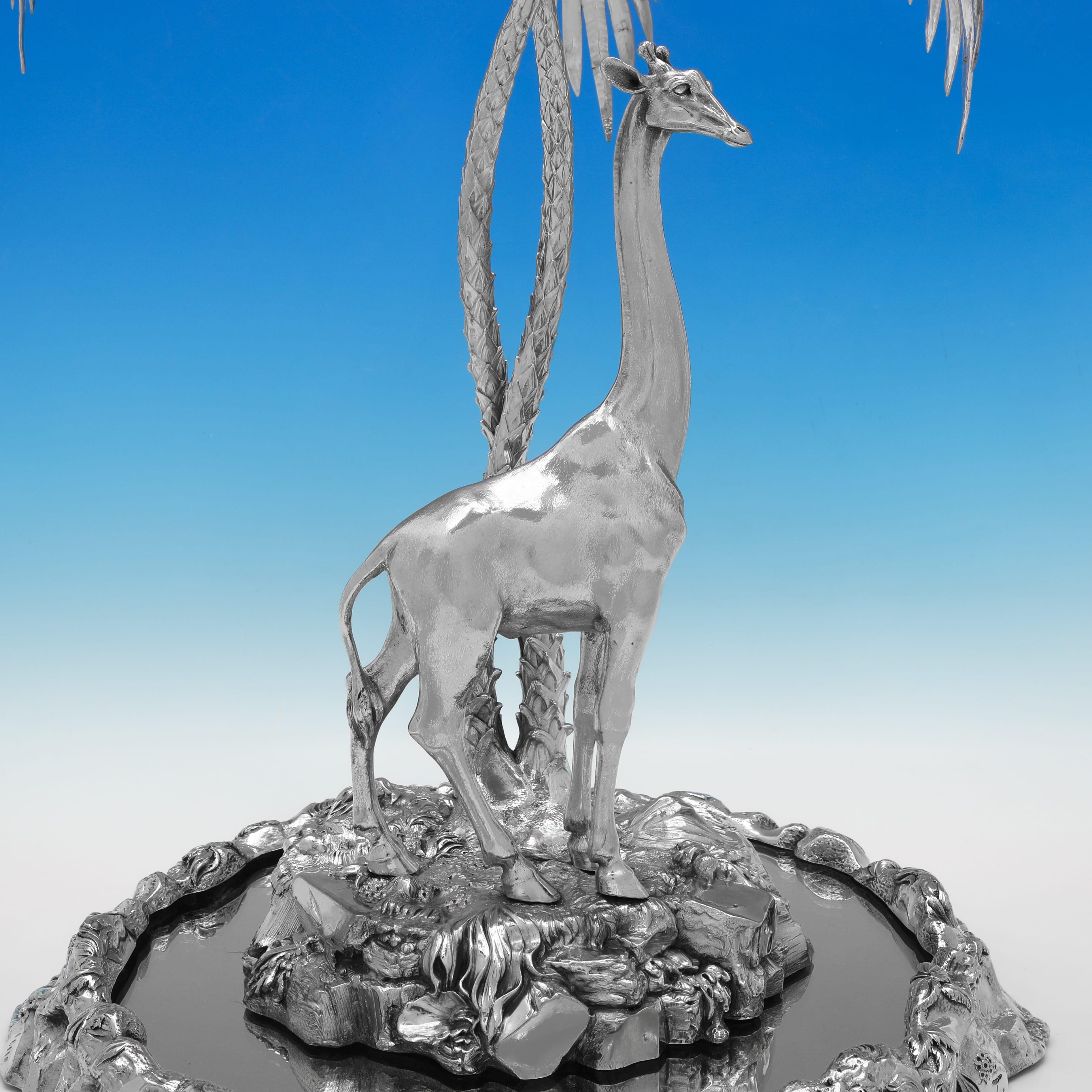 English Elkington naturalistic giraffe and palm tree centrepiece made in 1884 For Sale
