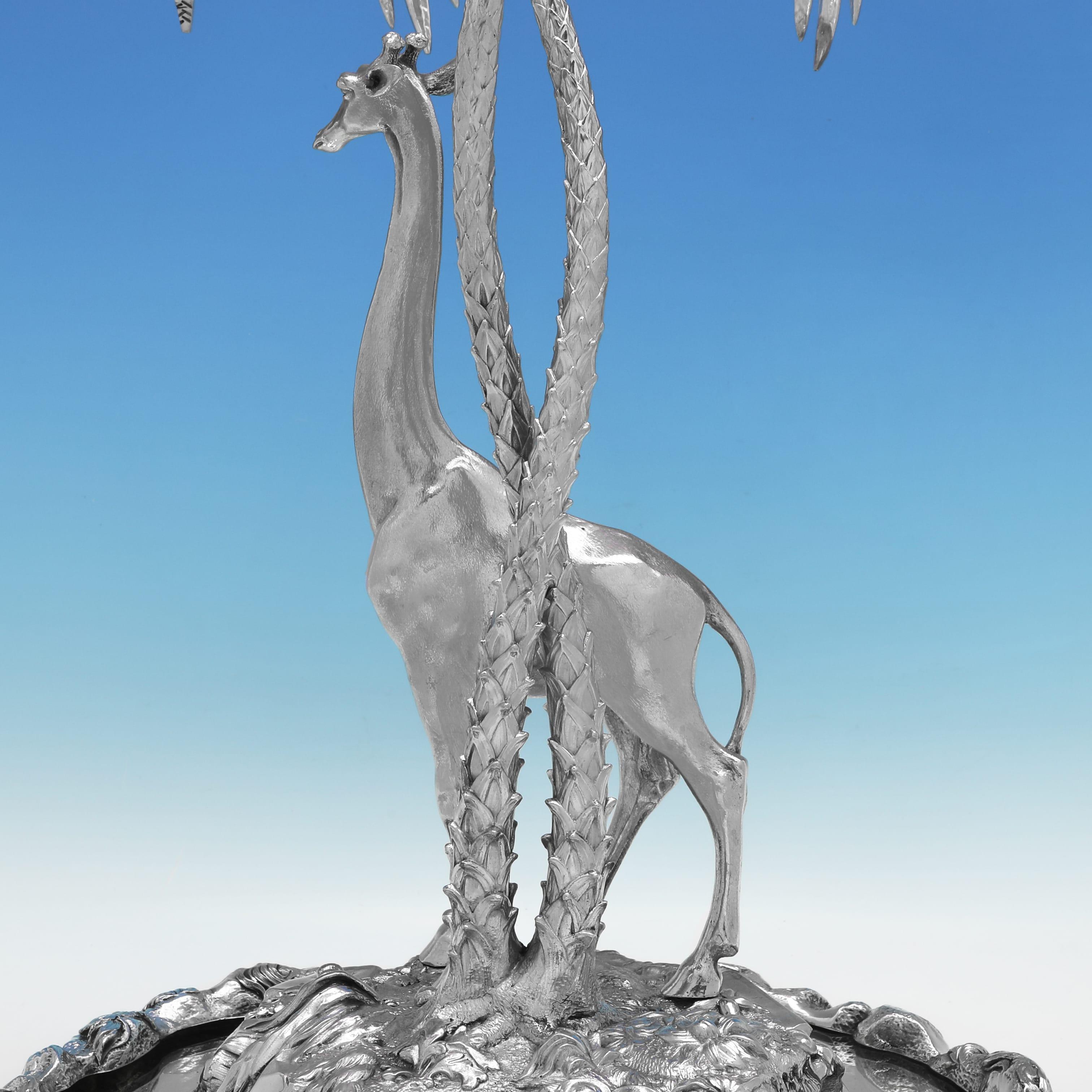 Silver Plate Elkington naturalistic giraffe and palm tree centrepiece made in 1884 For Sale