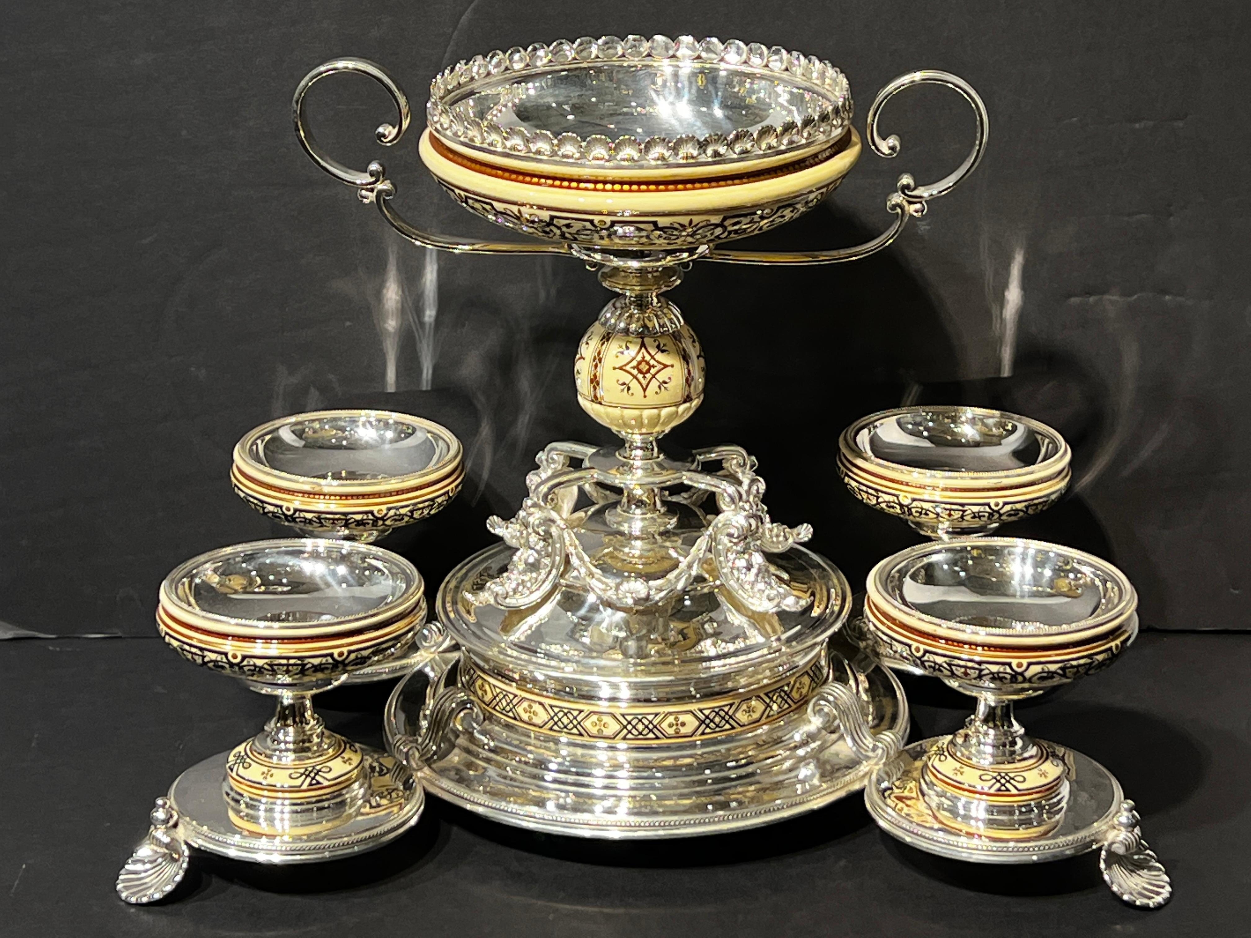 Very unusual and finest quality Elkington & CO 19 century Silverplate and Porcelain Centerpiece.