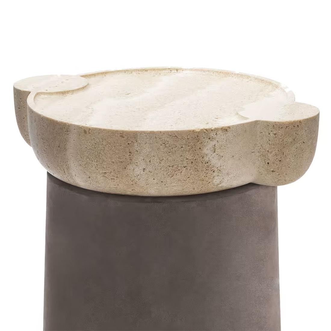 Side Table Elko with wooden structure covered with dark grey
genuine suede leather. With carved polished travertine top.
Also available with other leather or suede leather colors, 
on request.