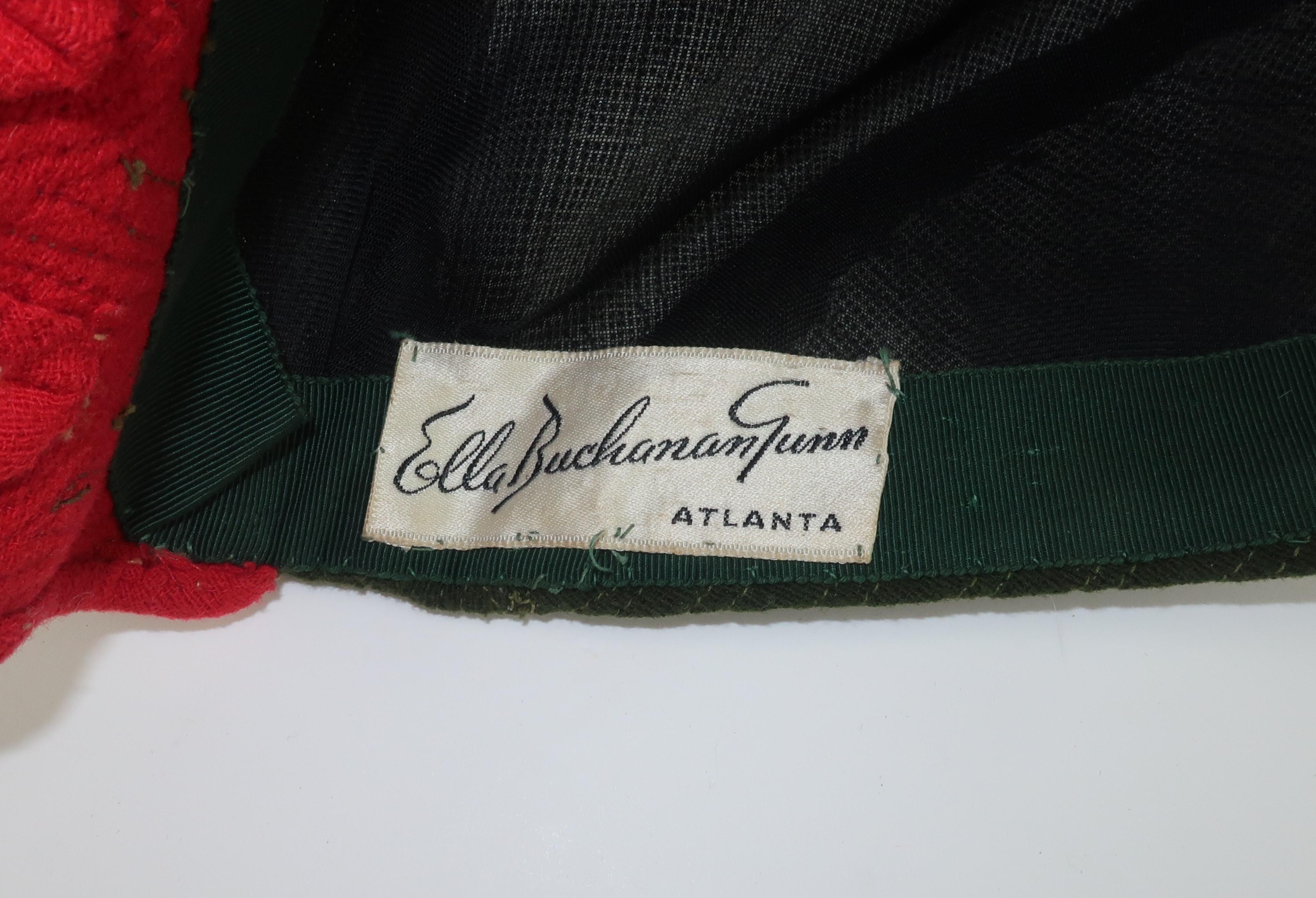 Ella Buchanan Gunn Army Green & Red Wool Cap Hat, 1940's 4