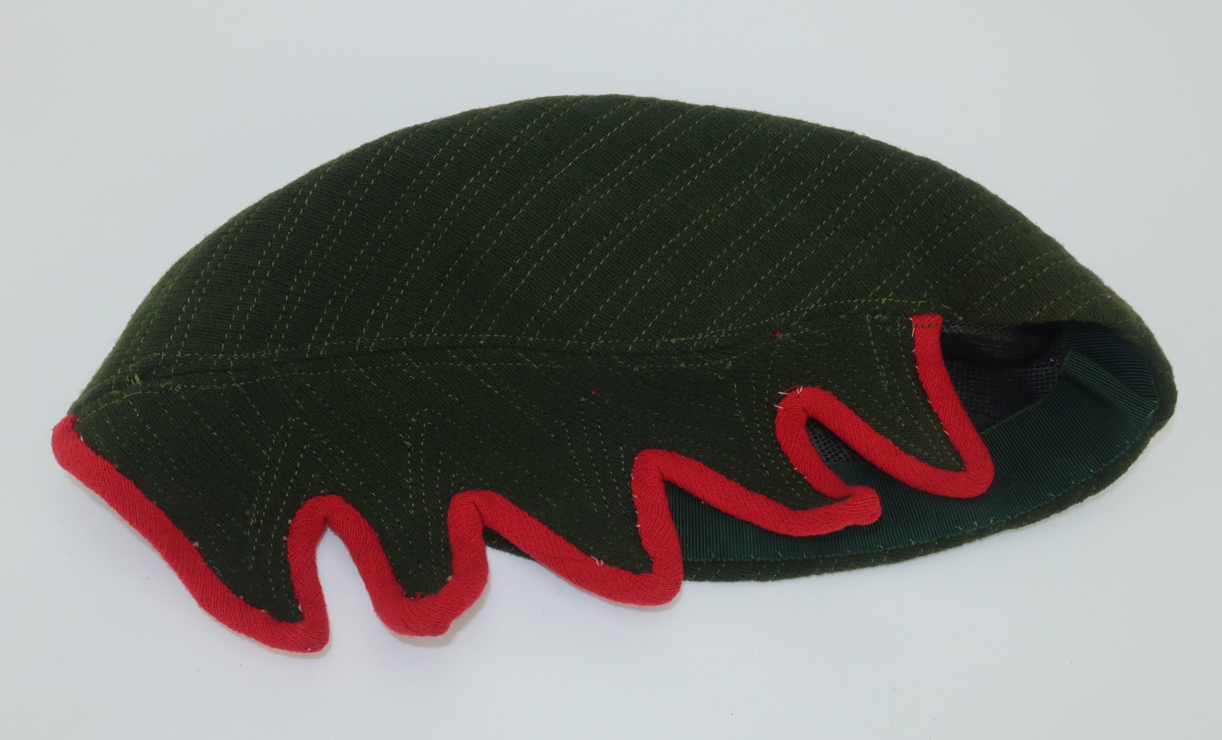 Ella Buchanan Gunn Army Green & Red Wool Cap Hat, 1940's 5