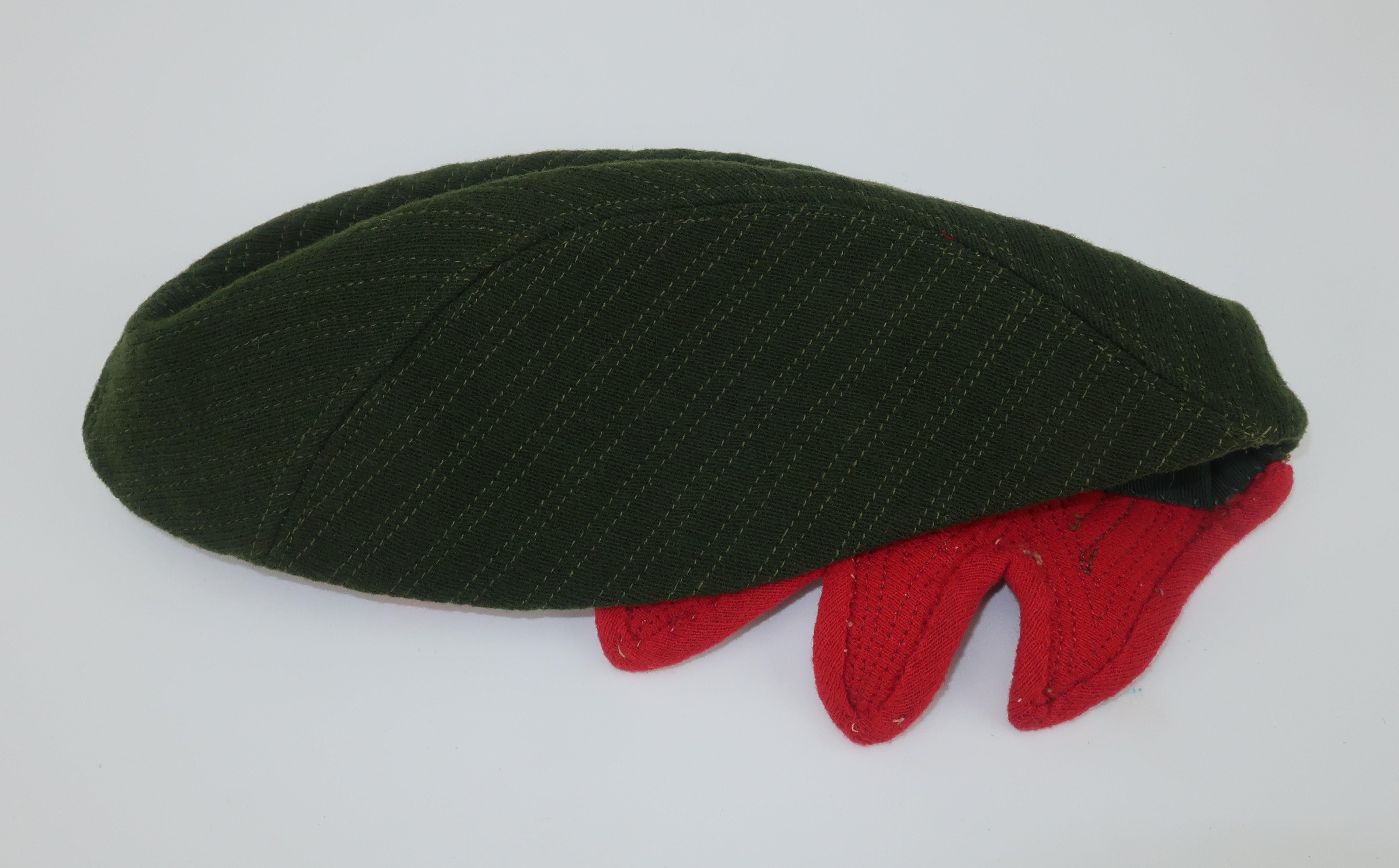 Ella Buchanan Gunn Army Green & Red Wool Cap Hat, 1940's 8